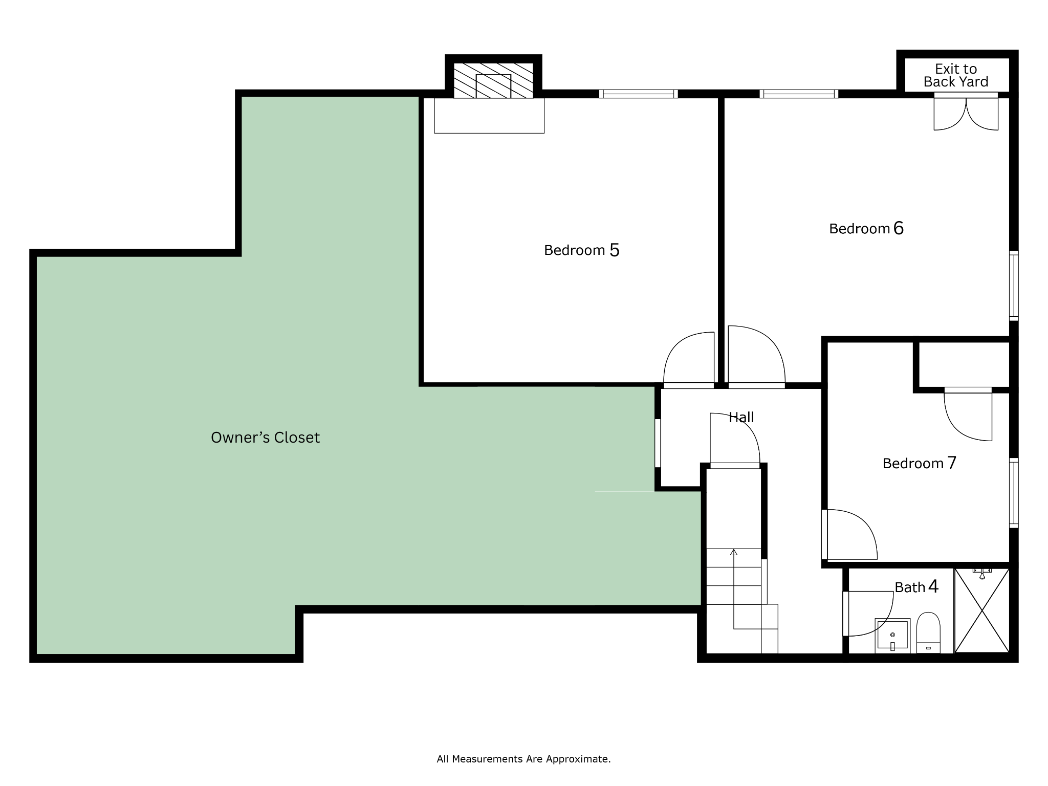 Floor plan showing designated rooms and areas, including owner's closet, bedrooms 5, 6, and 7, hall, and bathroom 4.