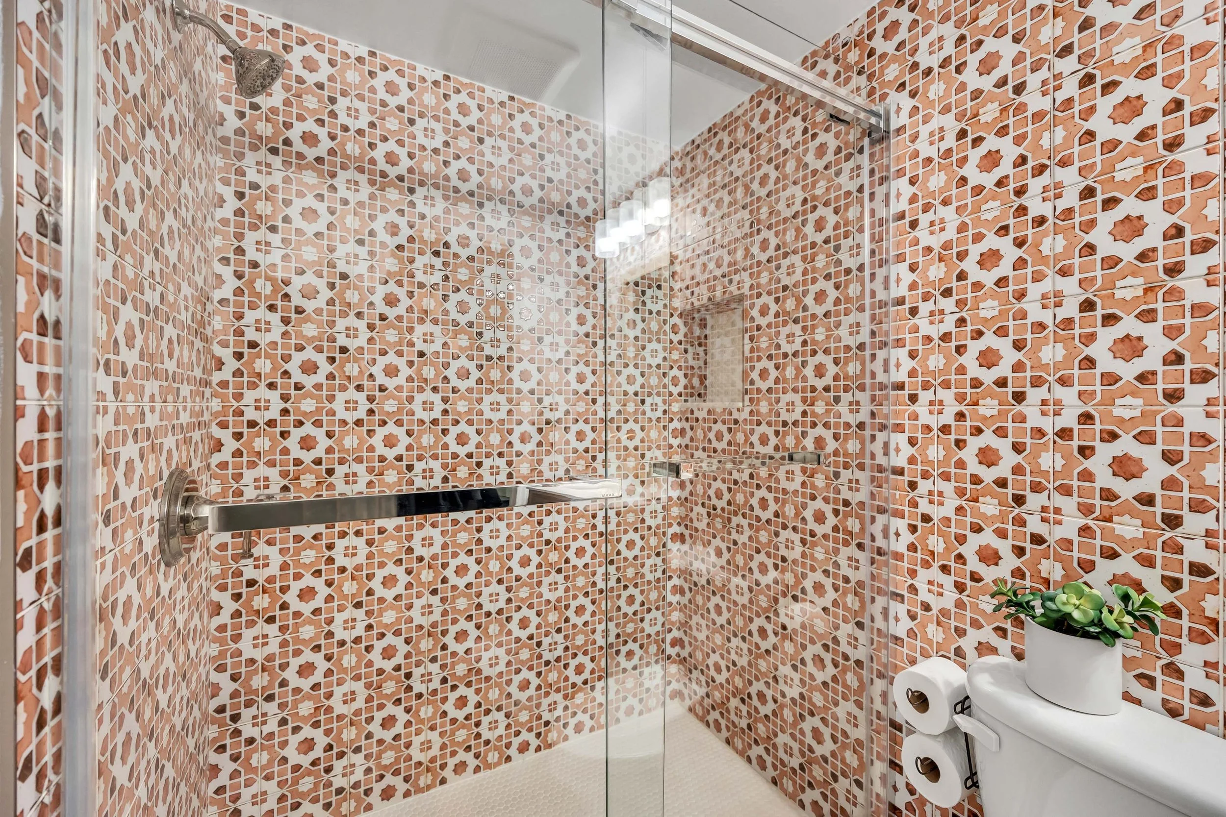 A bathroom shower area with walls covered in patterned orange and white tiles, a glass door, and a towel bar. To the right, there are toilet paper rolls and a potted plant.