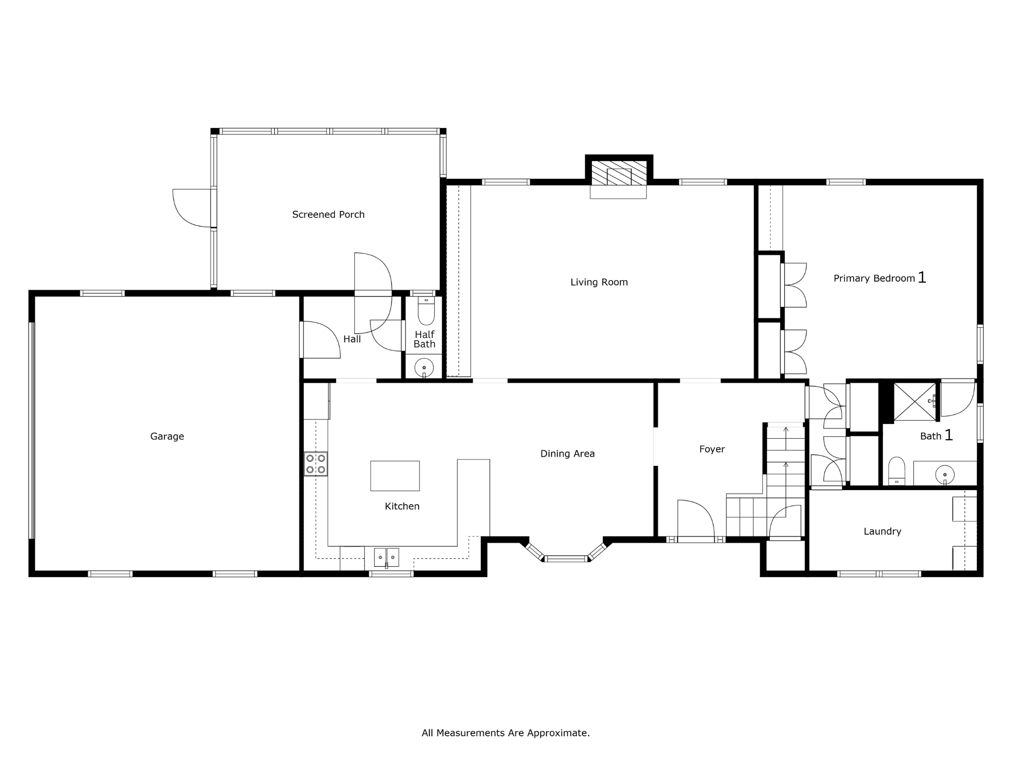Floor plan of a house showing various rooms such as garage, kitchen, dining area, laundry, foyer, primary bedroom, living room, screened porch, hall, half bath, and full bath