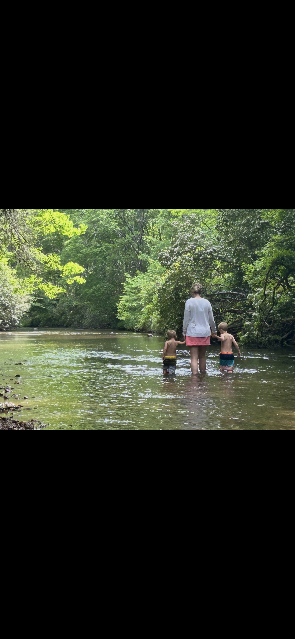 A woman and two young boys walk hand-in-hand through a shallow river surrounded by lush green trees.