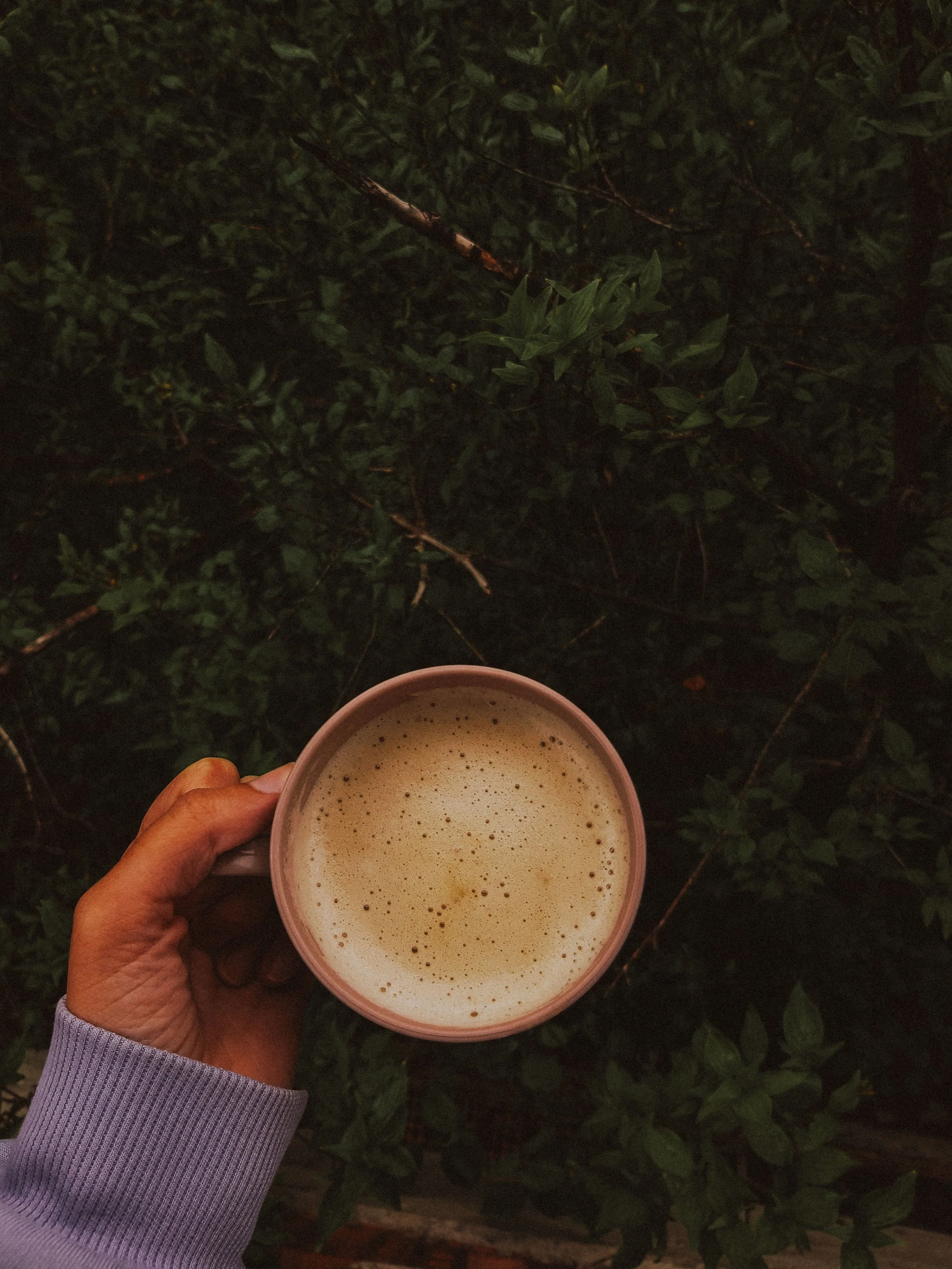 A hand holding a pink mug filled with a foamy light-colored beverage, with green leafy bushes in the background.