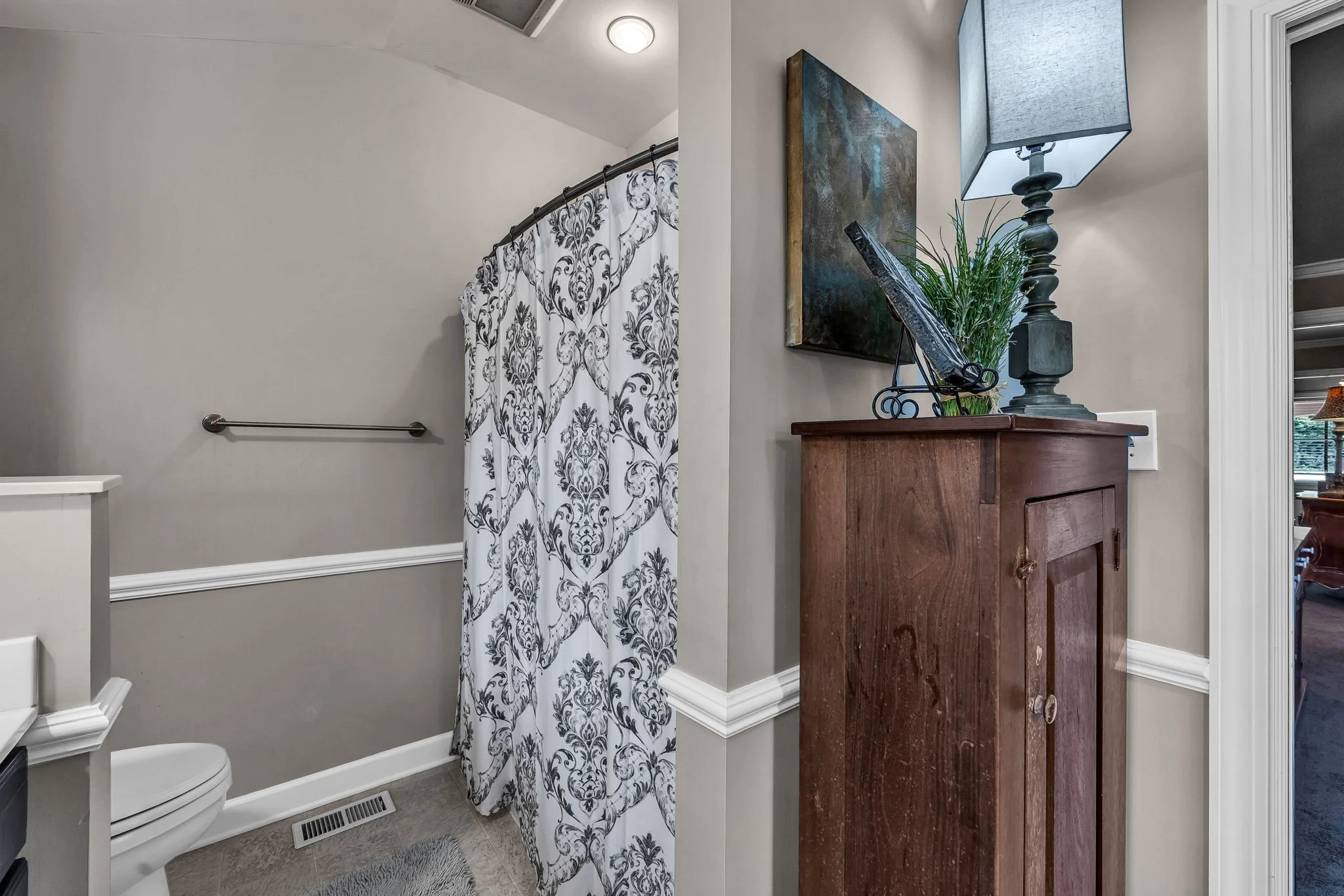 Interior view of a bathroom with a toilet, patterned shower curtain, wall art, table lamp, and a potted plant on a wooden cabinet.