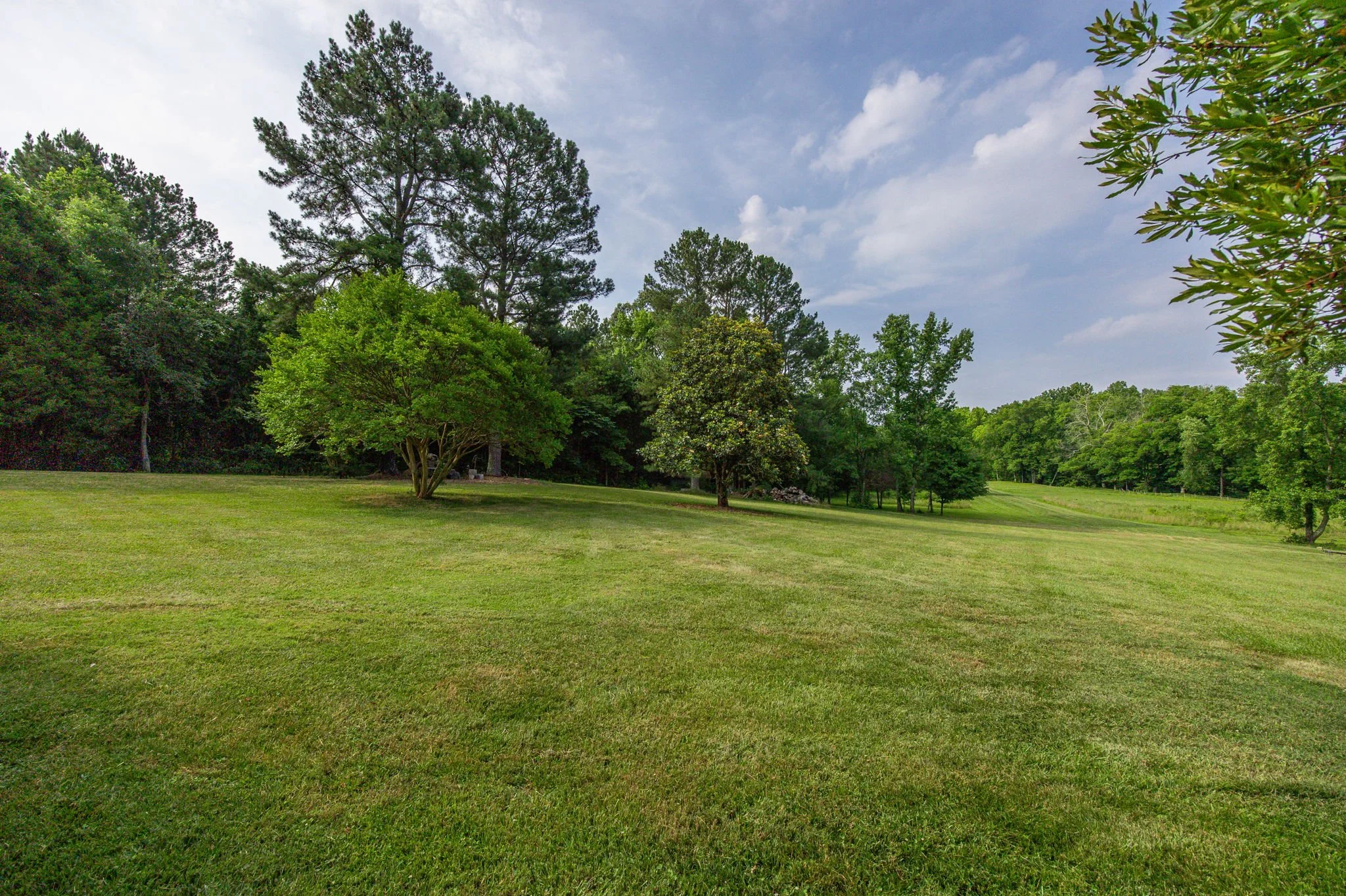 A park with a well-maintained grassy field and various green trees under a partly cloudy sky.