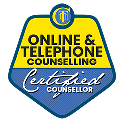 Logo for online and telephone counseling with a yellow and blue design, featuring the words 'Online & Telephone Counselling' and 'Certified Counsellor'.