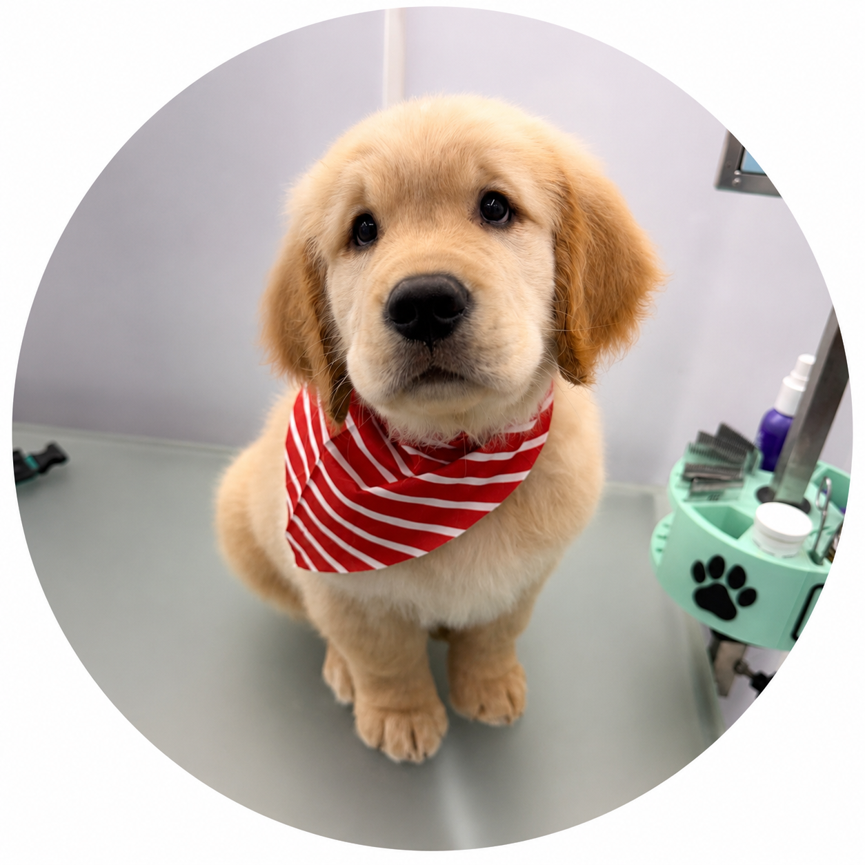 A golden retriever puppy wearing a red and white striped bandana sitting on a grooming table at a veterinarian or grooming salon.