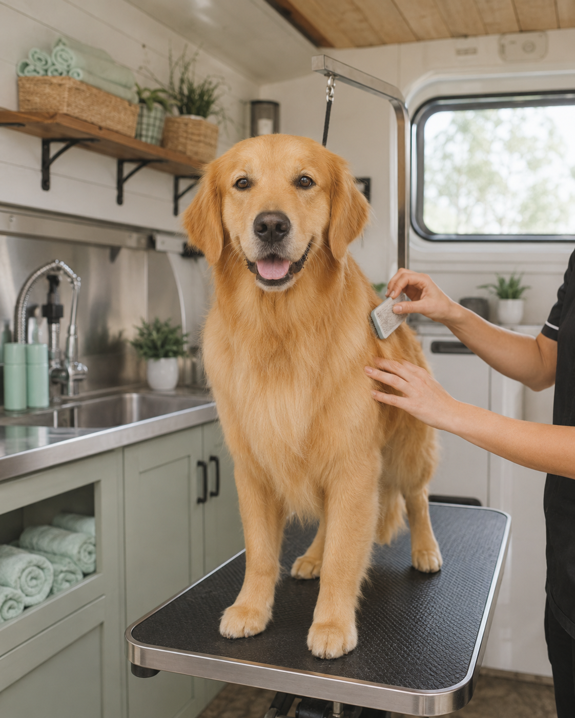 A golden retriever standing on a grooming table inside a mobile pet salon