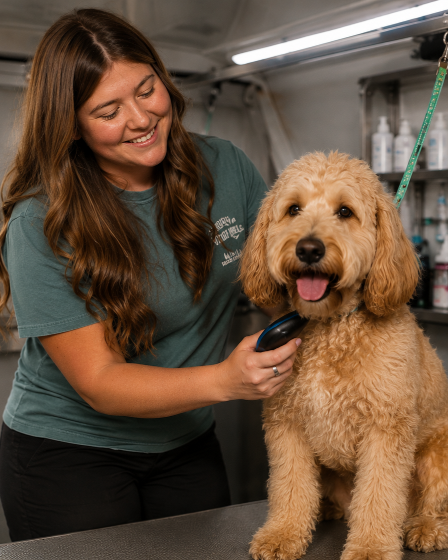 Melissa grooming a goldendoodle inside the waggin wheels mobile saloon