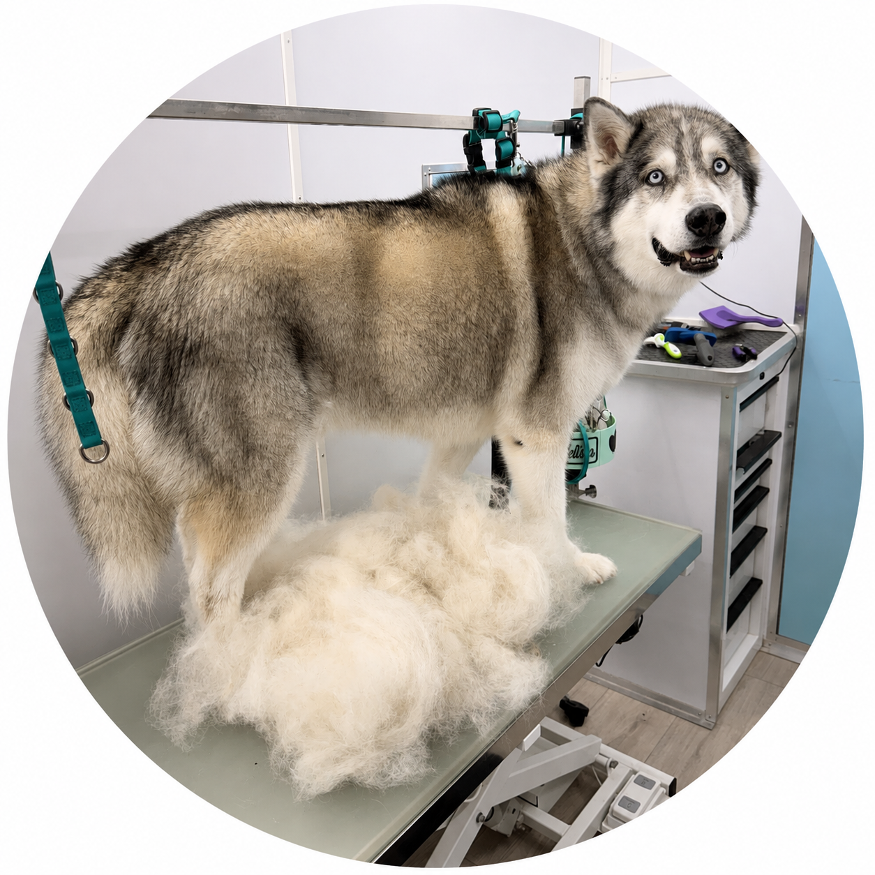 A Siberian Husky dog standing on a grooming table with fur clippings around its paws at a grooming salon.