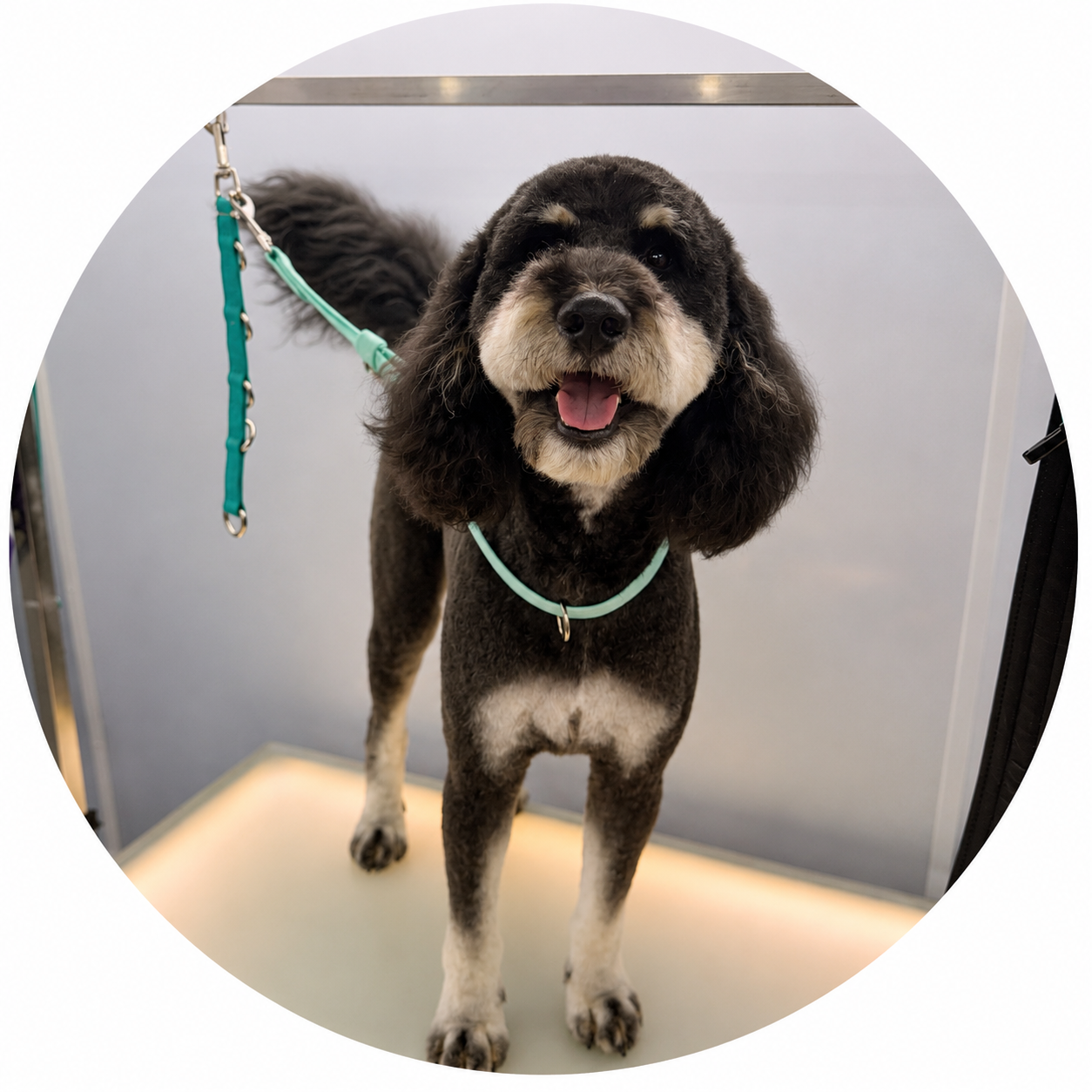 A happy black and white dog with floppy ears, standing on a grooming table with a teal leash and collar.