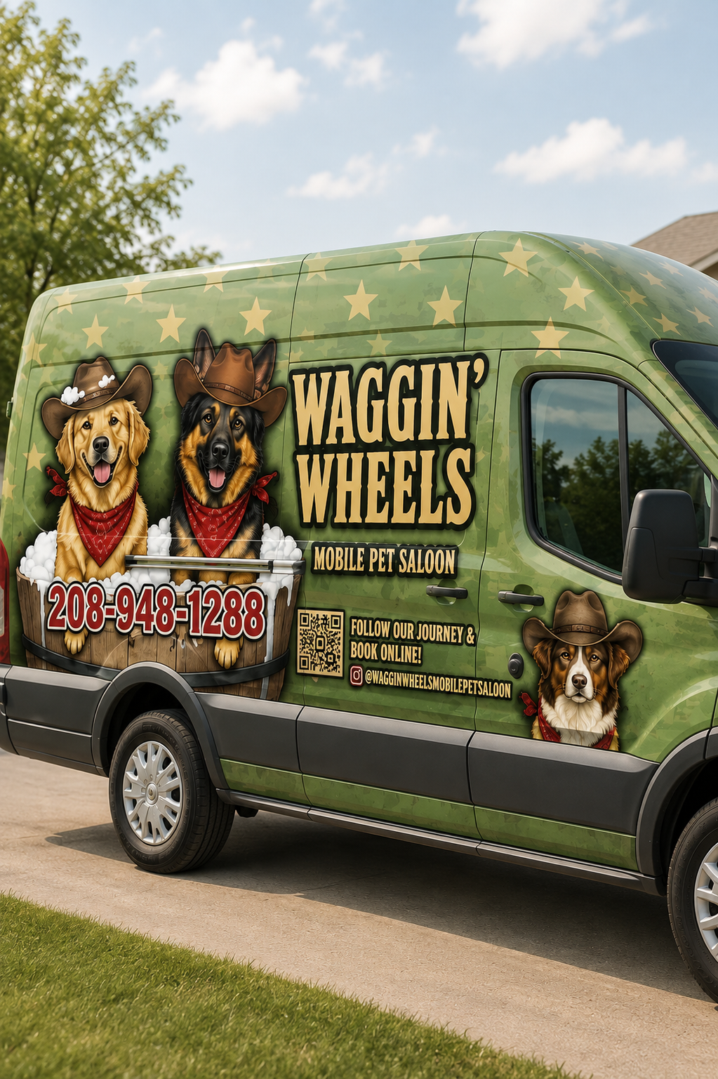 Waggin' Wheels Mobile Pet Saloon can with mint-green dog graphics