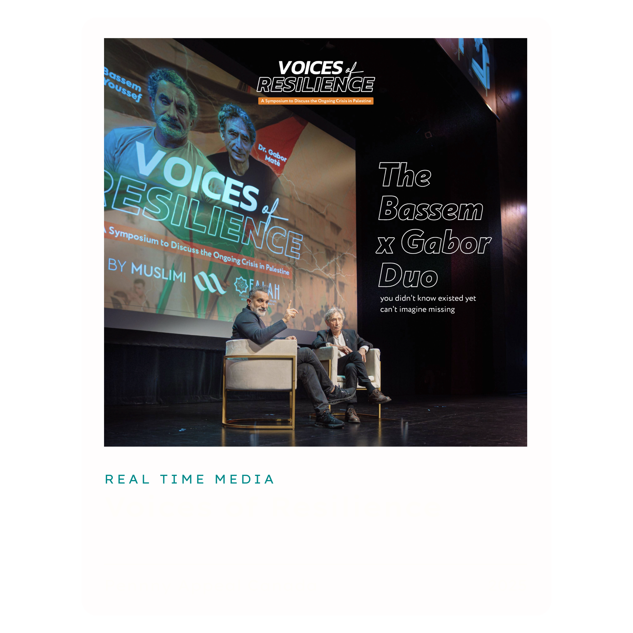 Poster for an event called Voices of Resilience featuring images of people and text about the symposium.