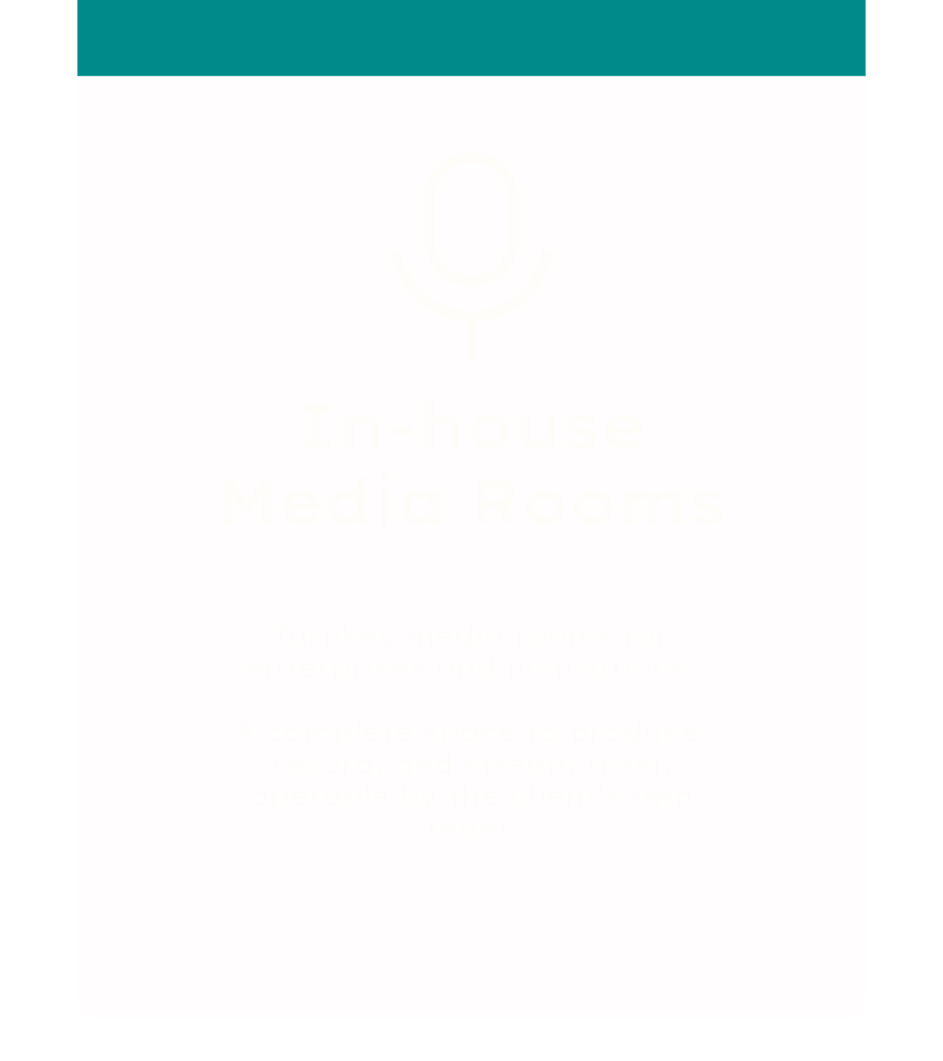 Screenshot of a website homepage titled 'In-house Media Rooms' with a subtitle about turnkey media rooms for enterprises and institutions, and a description about producing, recording, and streaming content by the client's team.