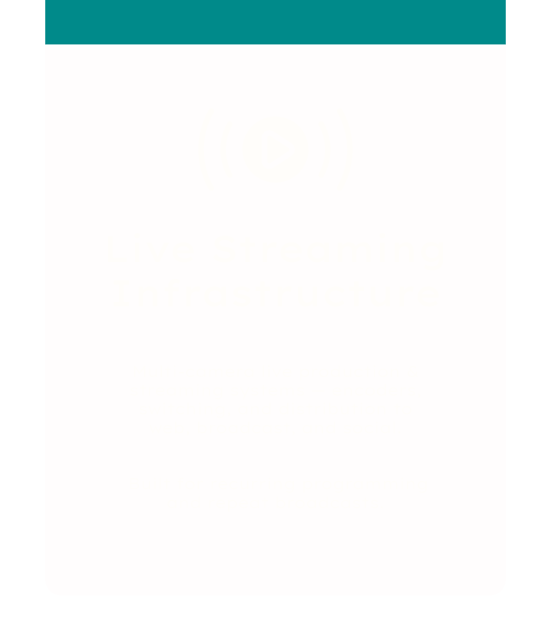 A computer screen displaying a live streaming platform with an overlay of white text on a pink background. The visible text includes phrases like 'Live Streaming,' 'Infrastructur,' and mentions of multi-camera live production and streaming systems.
