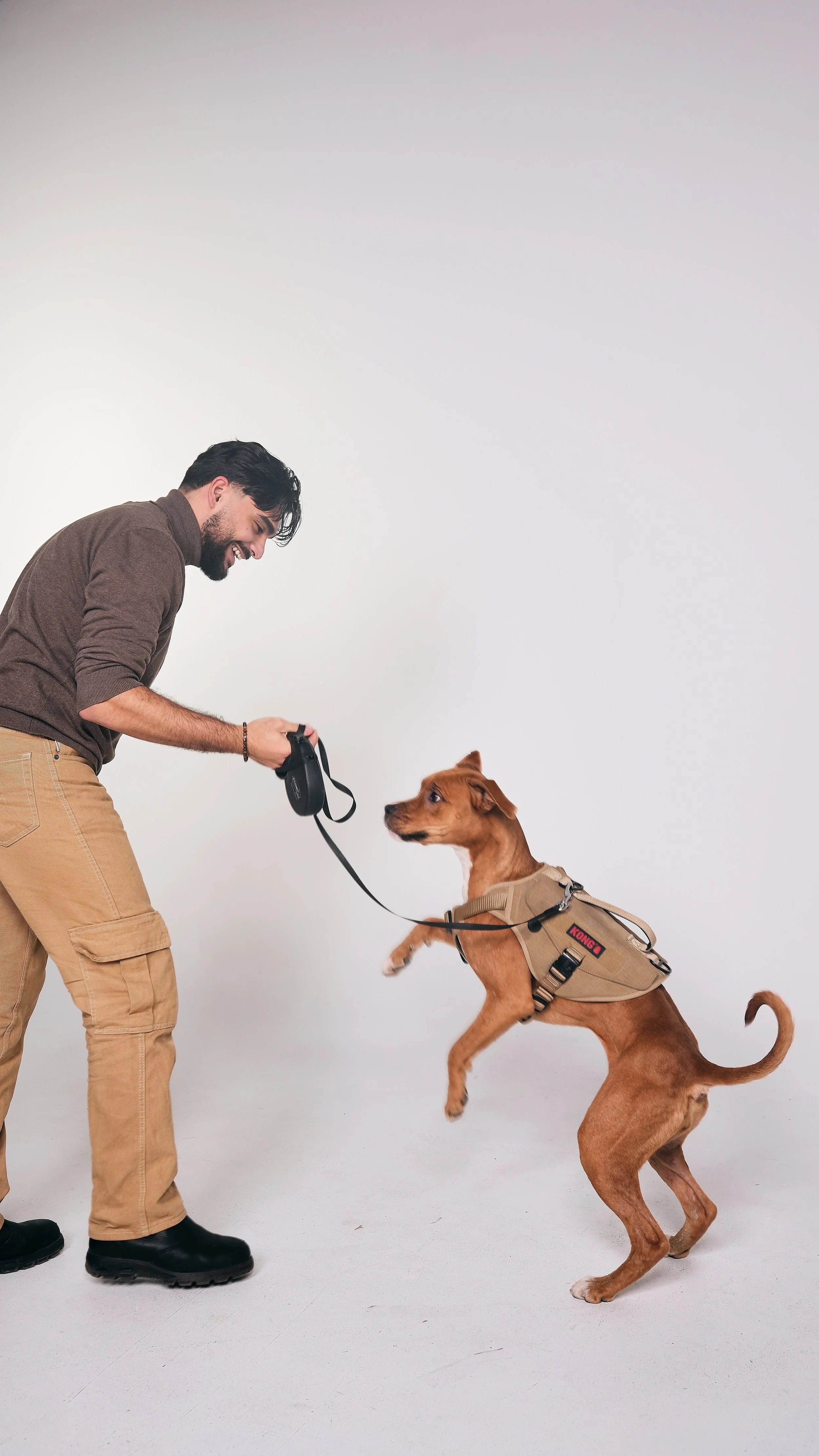 A man with a beard, wearing a brown sweater and khaki pants, is playing with a brown dog on a leash. The dog is wearing a harness labeled 'KONG' and is jumping towards the man, who is holding a camera and smiling.