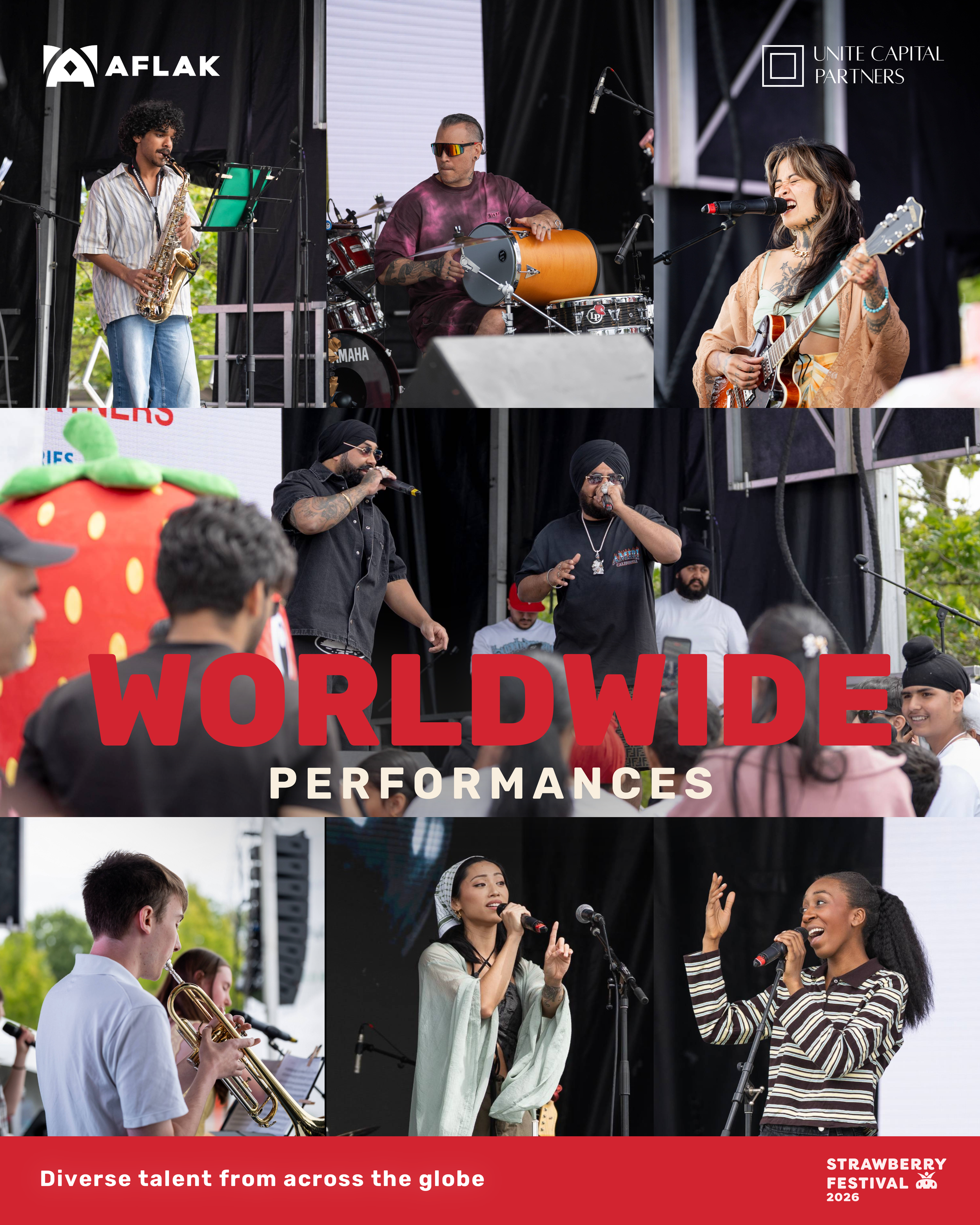A collage of performers at an outdoor festival, including a saxophonist, a percussionist, a singer with a guitar, and several vocalists from diverse backgrounds, with text overlay promoting a worldwide festival featuring diverse talent.