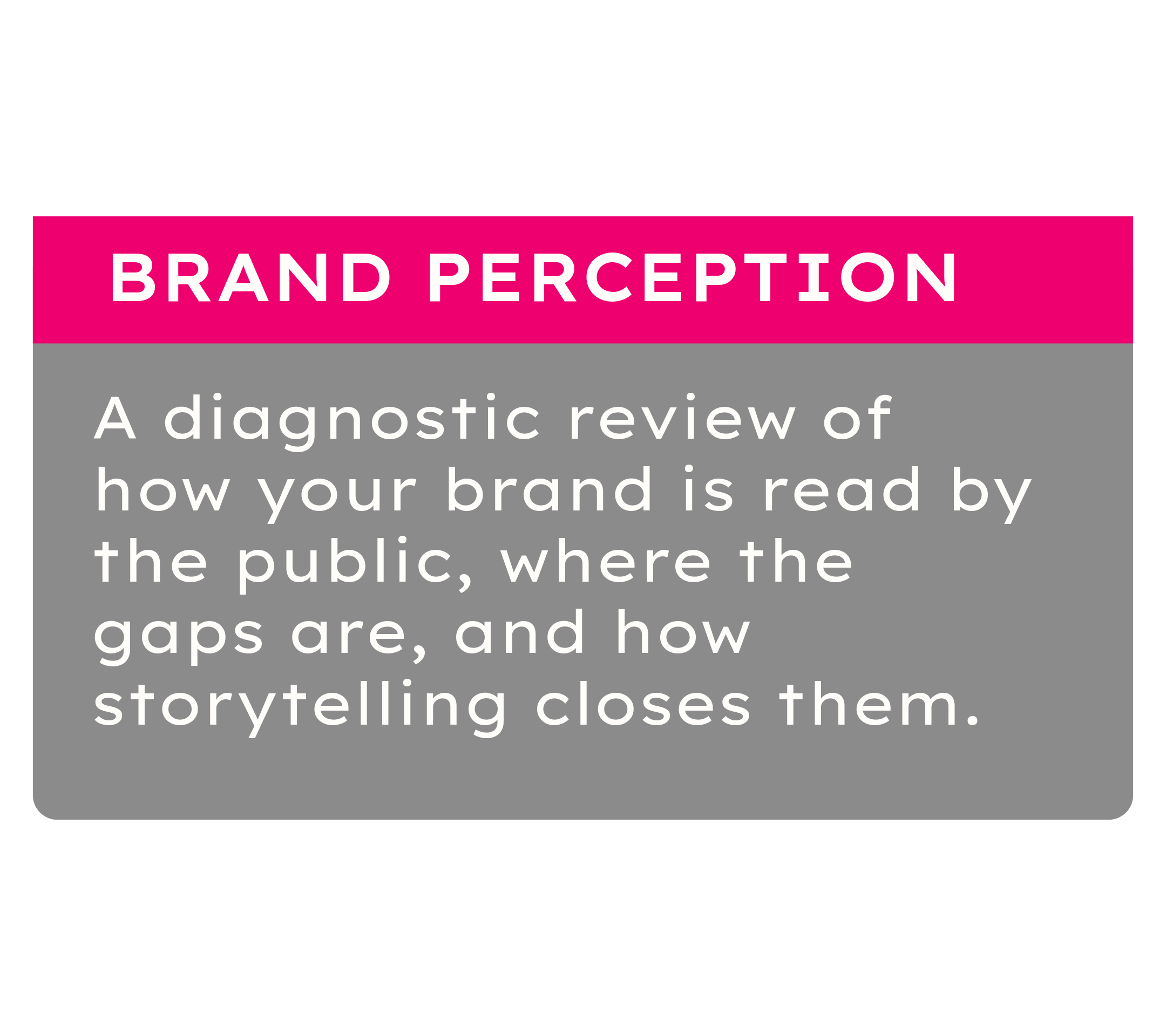 Black background with pink and white text discussing brand perception and storytelling.