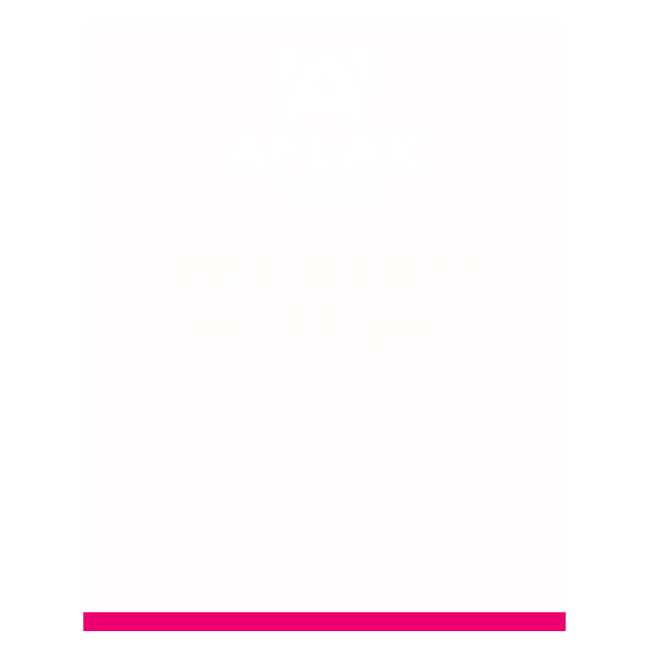 A poster with a light pink background, displaying the logo of AFK Media and text in white and pink about real-time media operations, storytelling, and festival coverage.