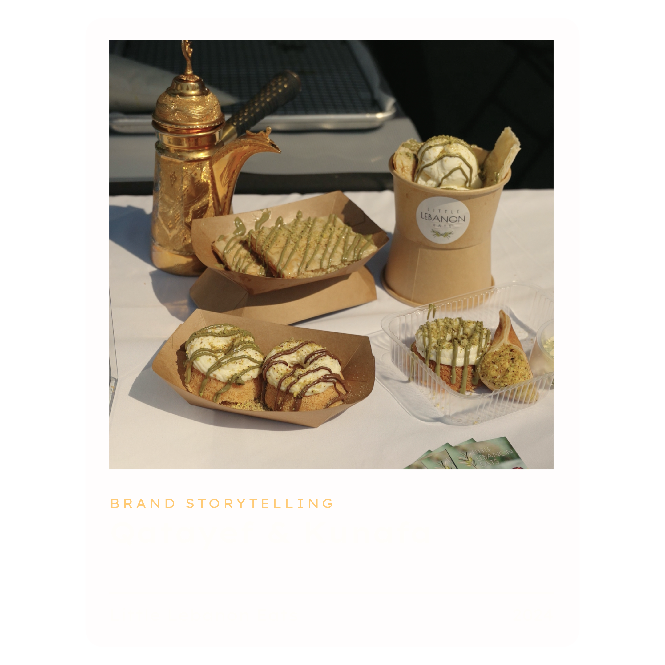 Image of baked goods topped with drizzle, a cup of ice cream with toppings and a small golden teapot, with a promotional background for Little Lebanon Eats.