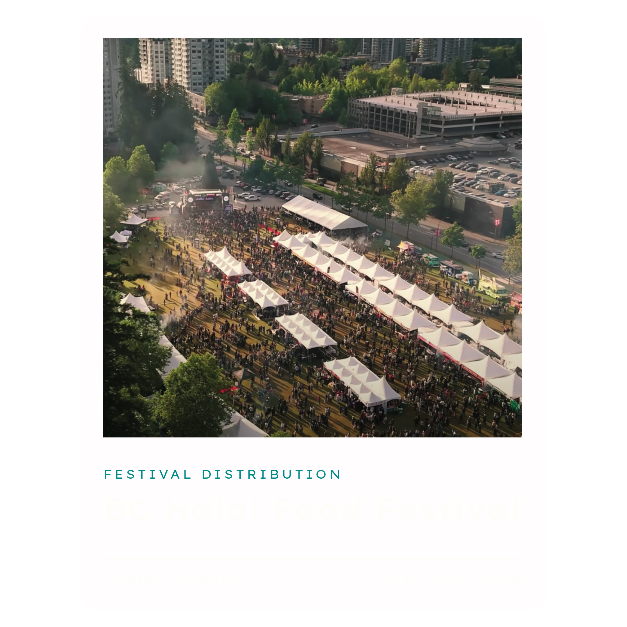 A poster for the BC Food Festival, showing an aerial view of a city with a park and various booths, tents, and people attending the event.