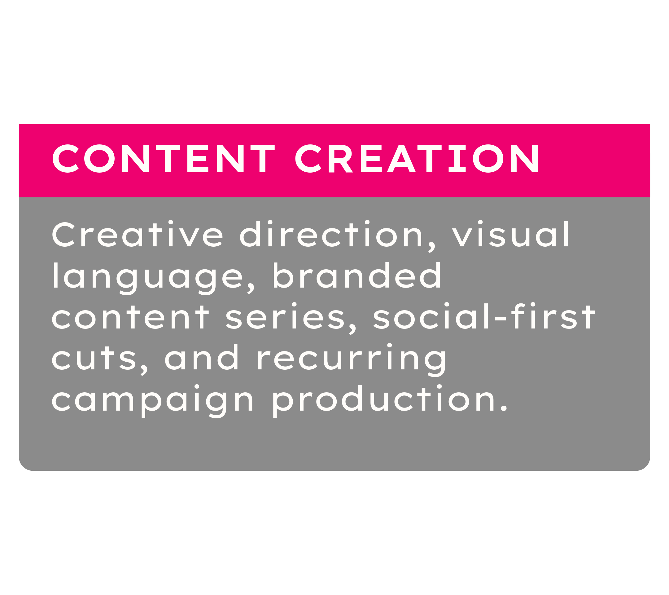A digital graphic with a black background and pink banner that reads 'Content Creation' in white text. Below, white text explains content creation includes creative, visual, language, branded content series, social-first, cuts, and recurring campaign production.