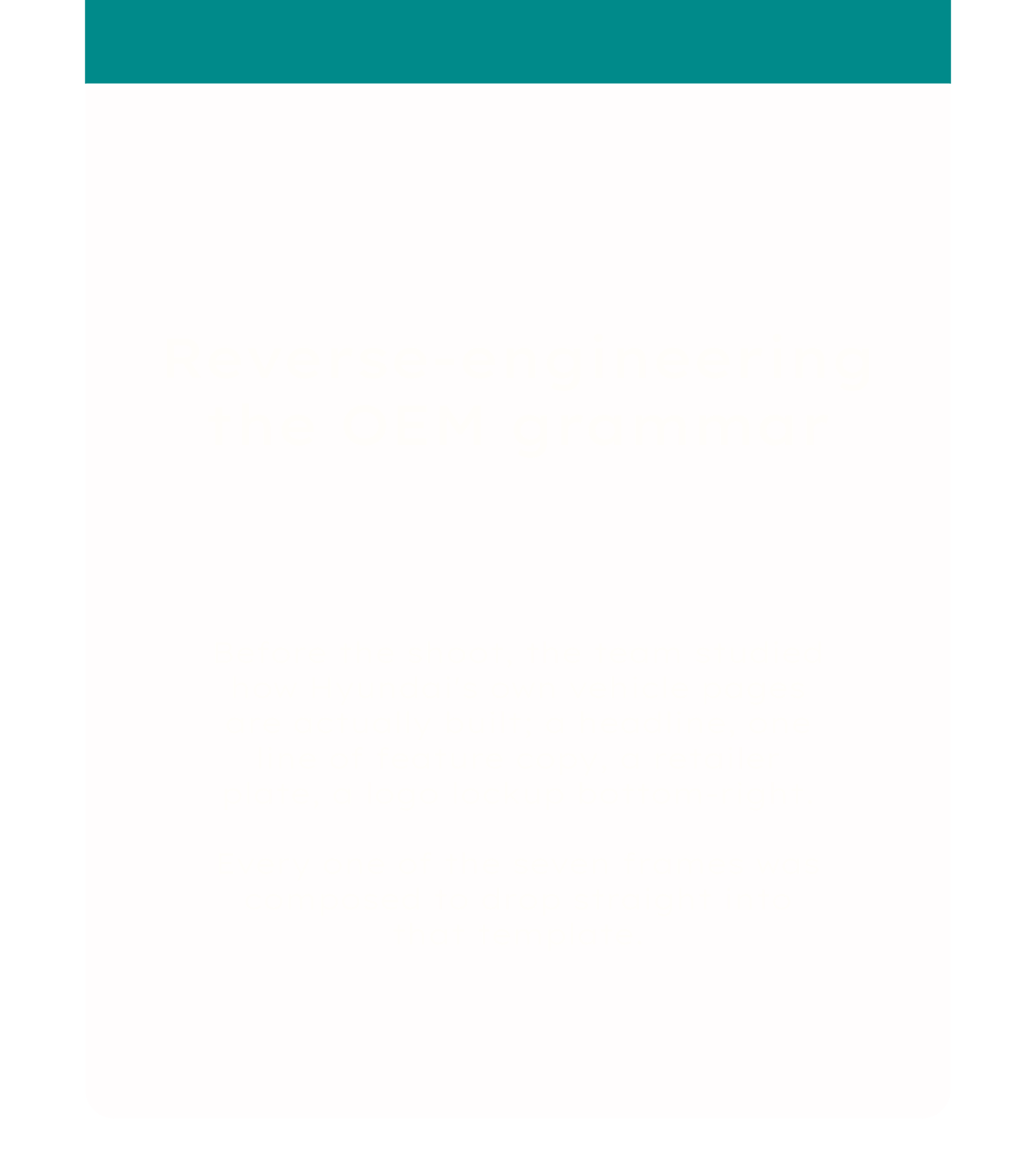 Slide with the title 'Reversing the OEM grammar' and faint white text, describing the process of designing car vehicle pages before photoshoot, including analysis of Hyundai's own vehicles and assembling frames into a template.
