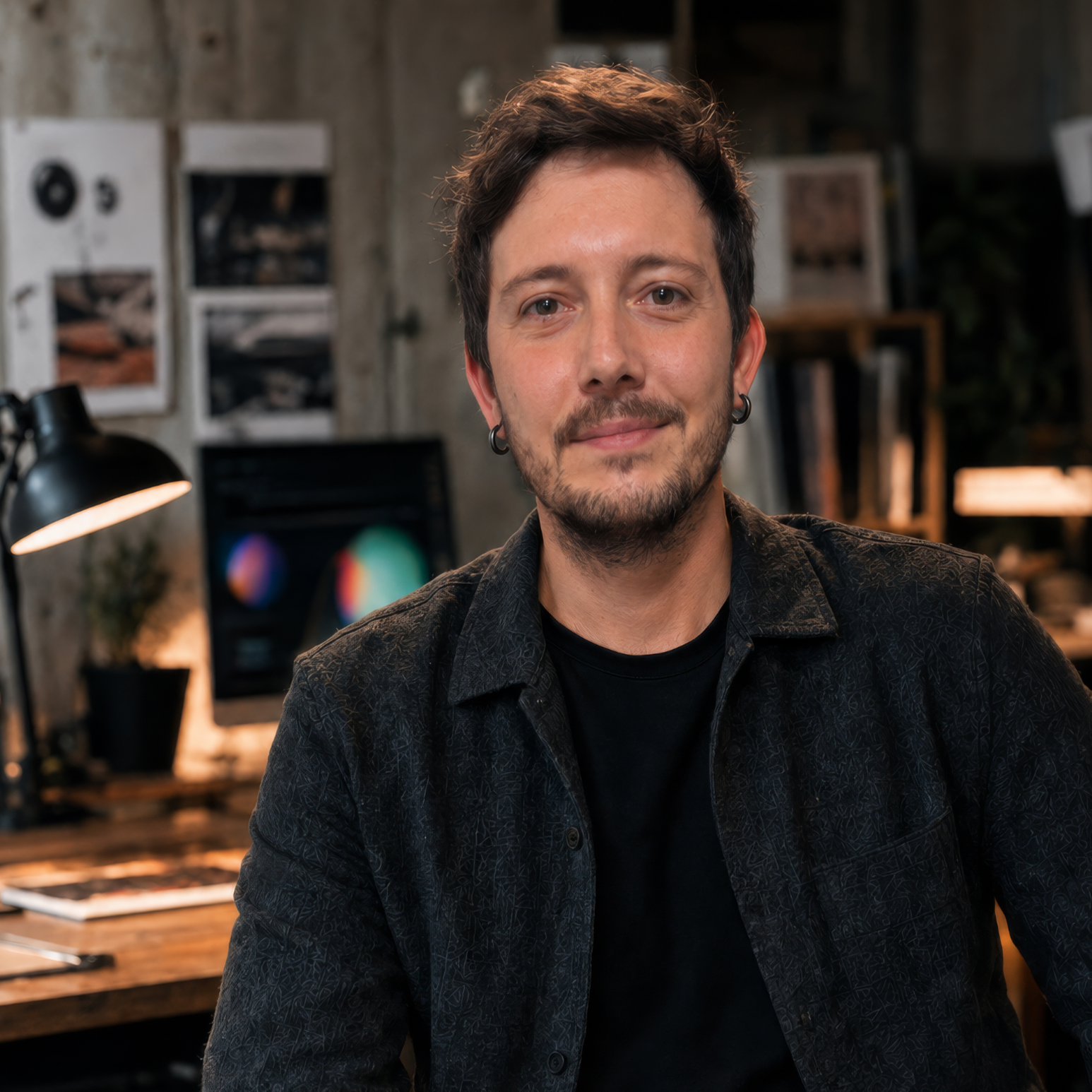 A young man with brown hair, a beard, and hoop earrings is smiling at the camera in a well-lit room with art and photography on the walls and a desk with a computer in the background.
