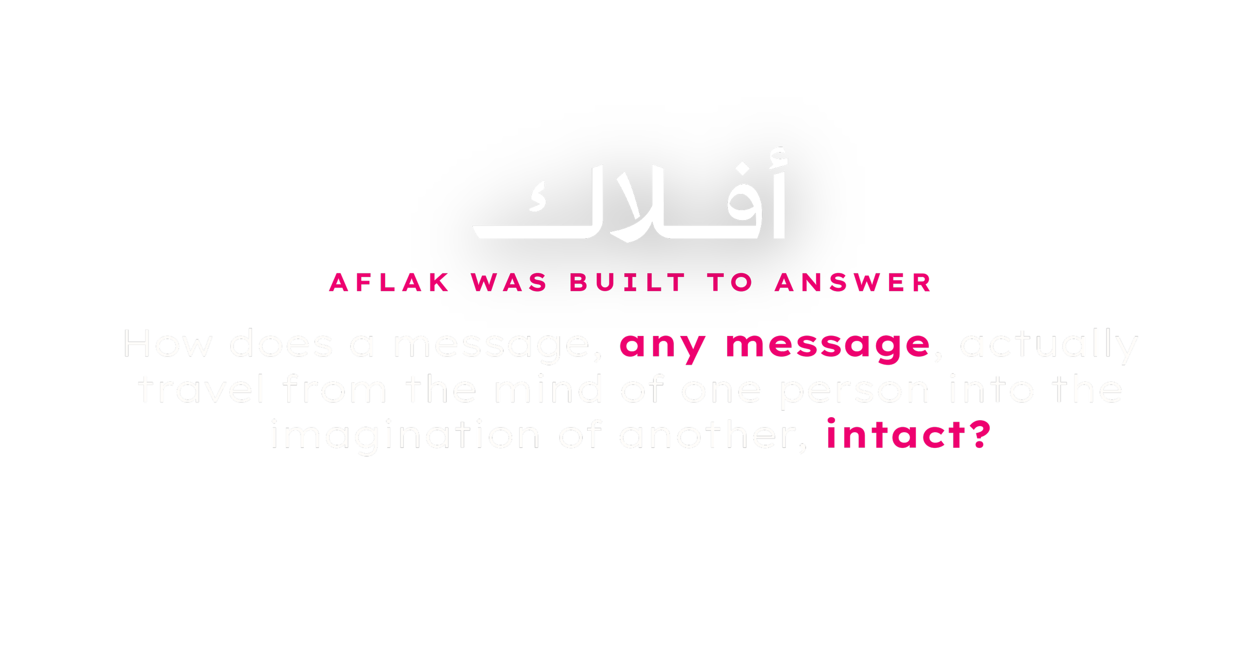 A black background with white, pink, and purple text explaining that aflak was built to answer the question of how a message travels from one mind to another, using different font sizes and colors for emphasis.