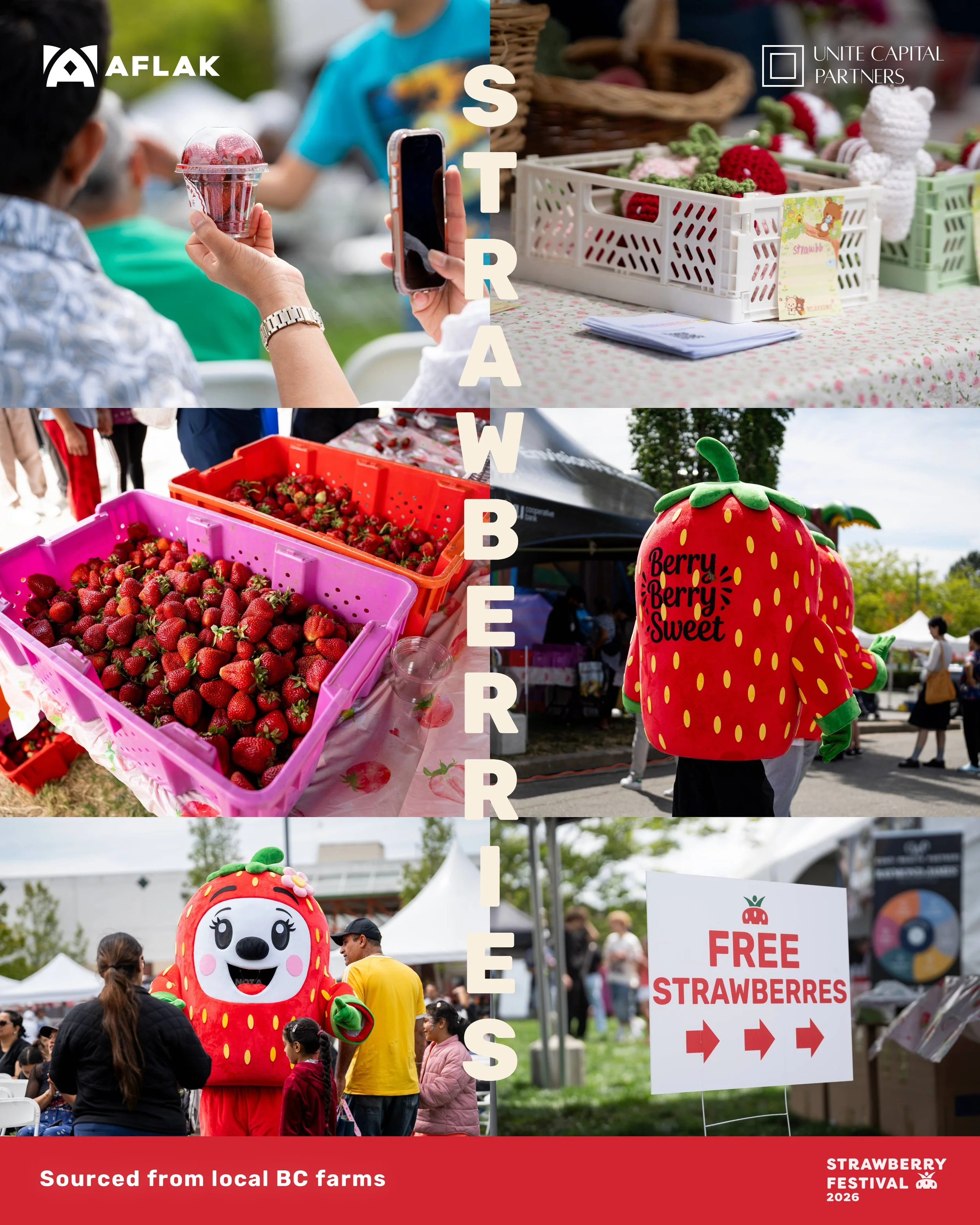 A collage of four images from a strawberry festival. The top left shows a person holding a cup of strawberries at an outdoor market. The top right displays a table with baskets of crocheted strawberries and a sign labeled 'Strawberry'. The bottom left features a person in a strawberry costume greeting festival attendees. The bottom right shows a sign advertising free strawberries at the festival. The overall theme is a local BC farms' strawberry festival in 2026.