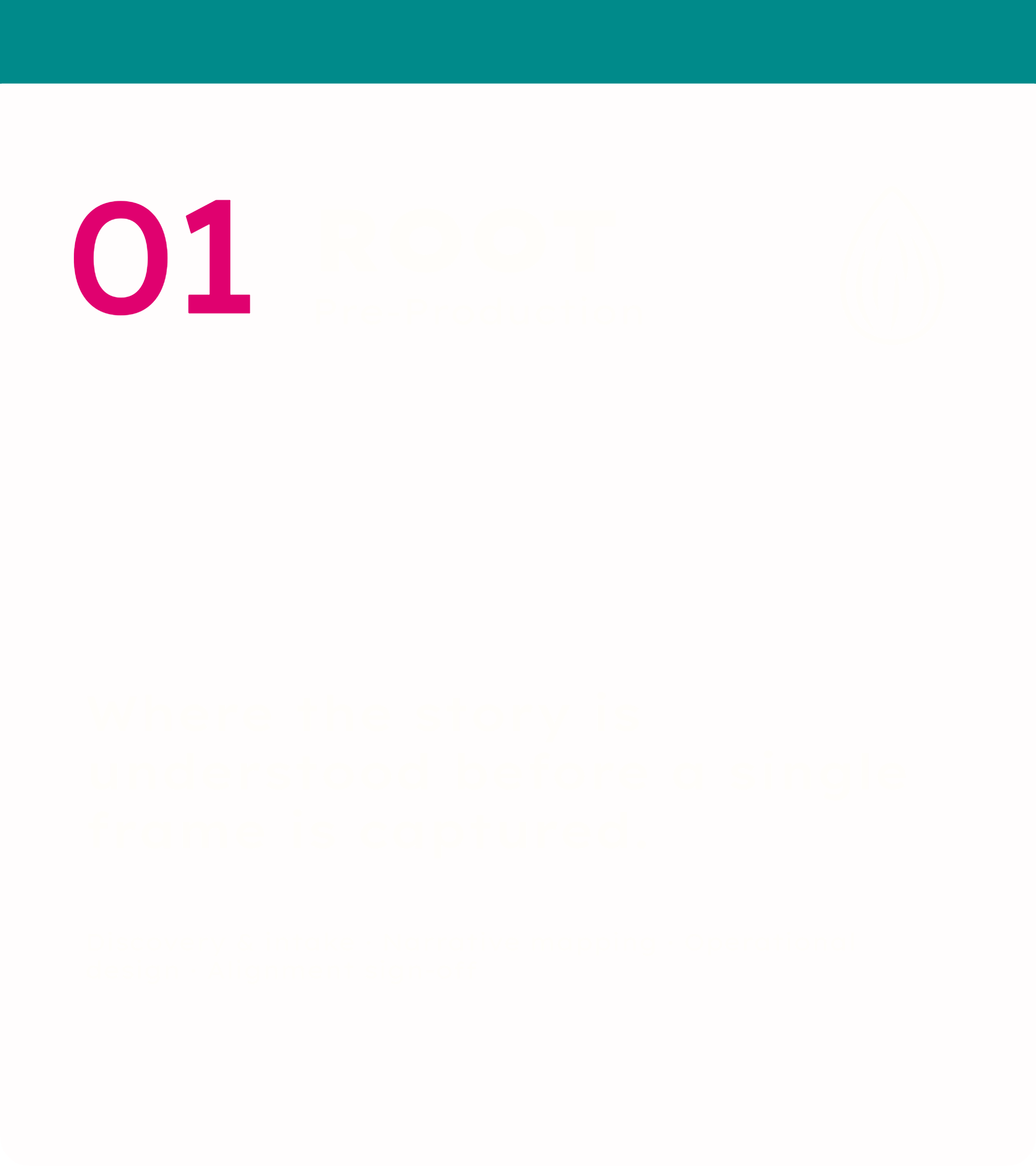 A digital screenshot of a project overview webpage for the 'ROOT' project. The page features a large pink number '01' and the words 'ROOT Pre-Production', along with a faint white outline of a leaf icon. The background is light pink with a teal header.