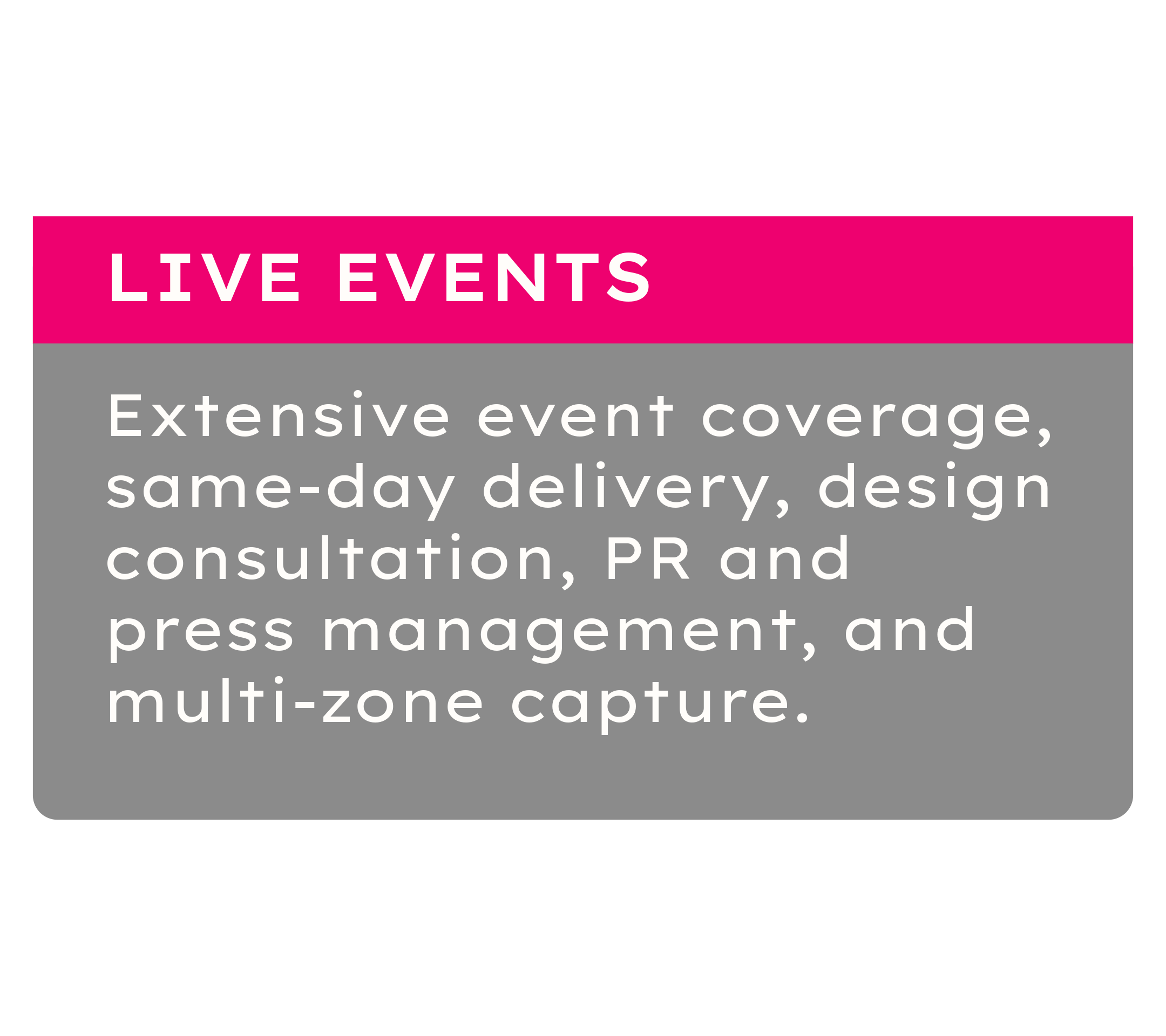 Graphic promoting live event coverage, same-day delivery, and multi-zone capture with pink and white text on a black background.