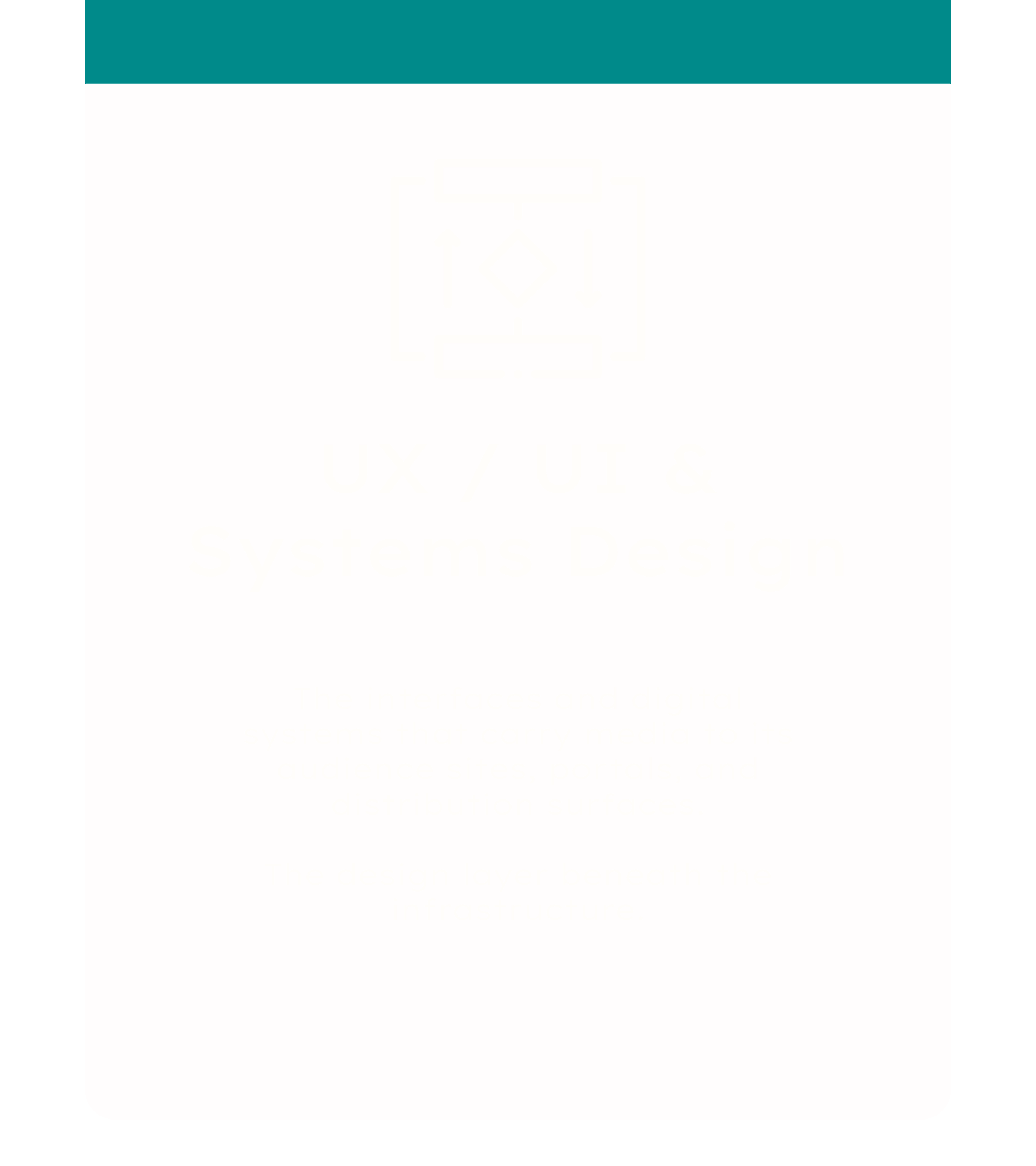 A presentation slide about UX and UI design with a teal top bar, a light pink background, and a faint white graphic of a flowchart at the center. The slide contains white text partially visible referring to system design and infrastructure.