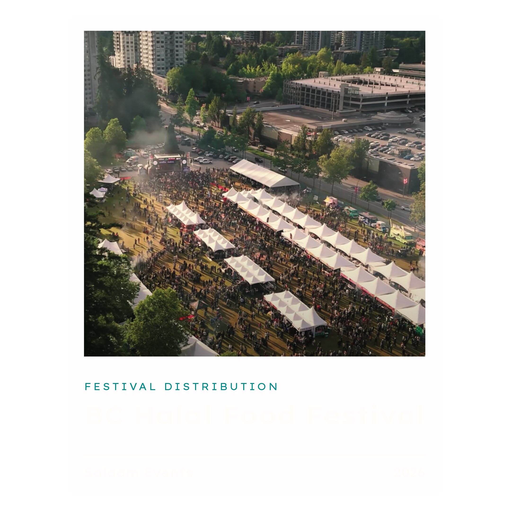 A cityscape featuring high-rise buildings, green trees, and a parking structure. In the foreground, there is an outdoor event with tents, crowds, and a stage, indicating a festival or public gathering.
