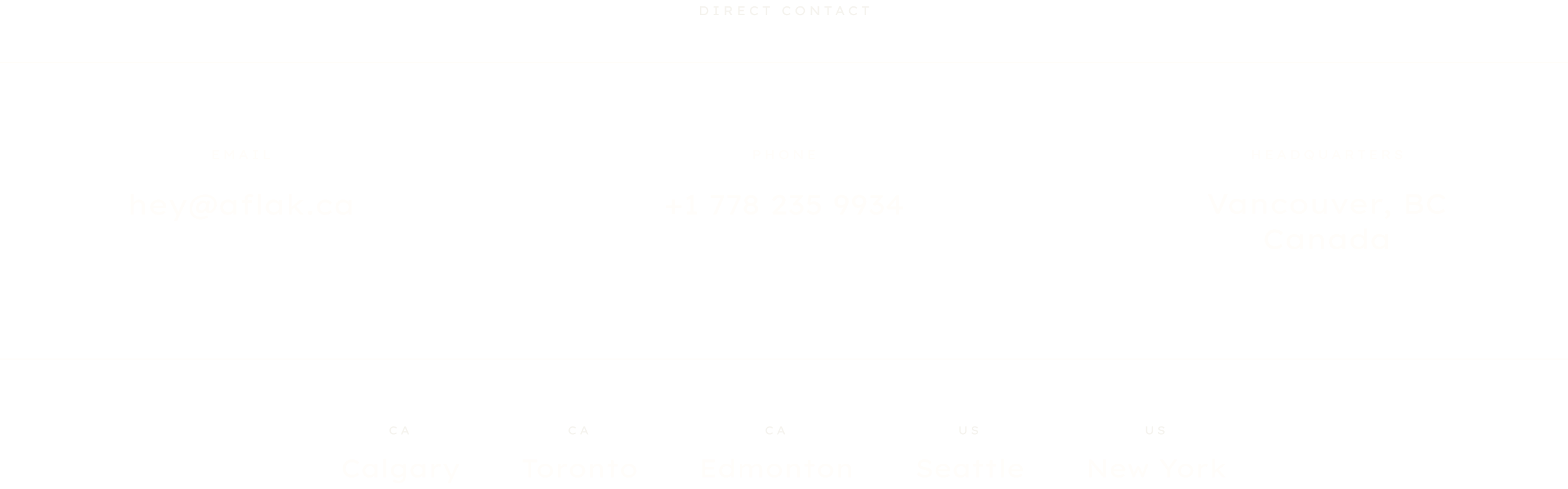 A minimalistic business contact card with black background and white text. It displays email, phone, and headquarters location, along with a list of cities in Canada and the US.