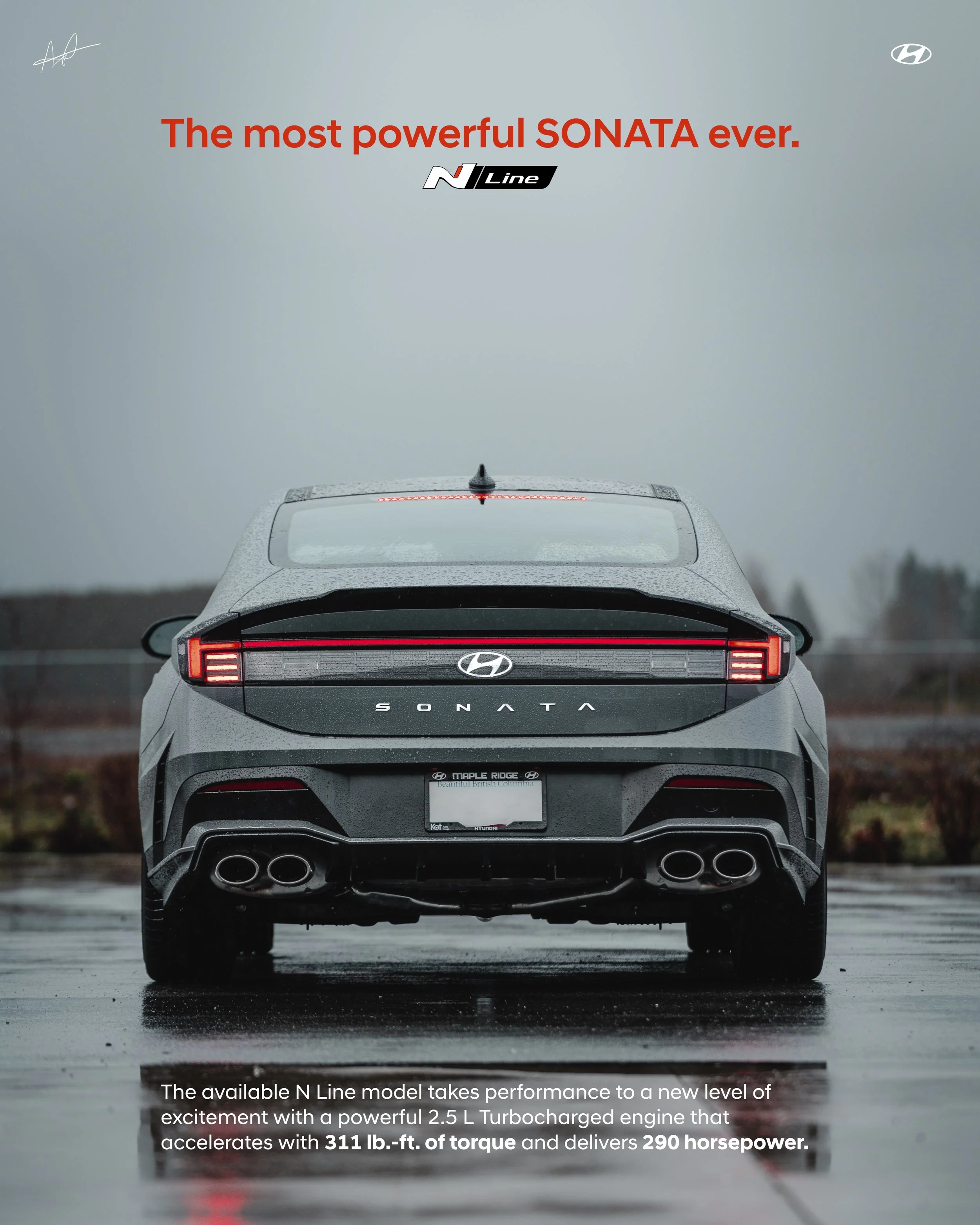 Rear view of a grey Hyundai Sonata car on a wet road, showing the taillights, Hyundai logo, and model name. The weather appears foggy or overcast.