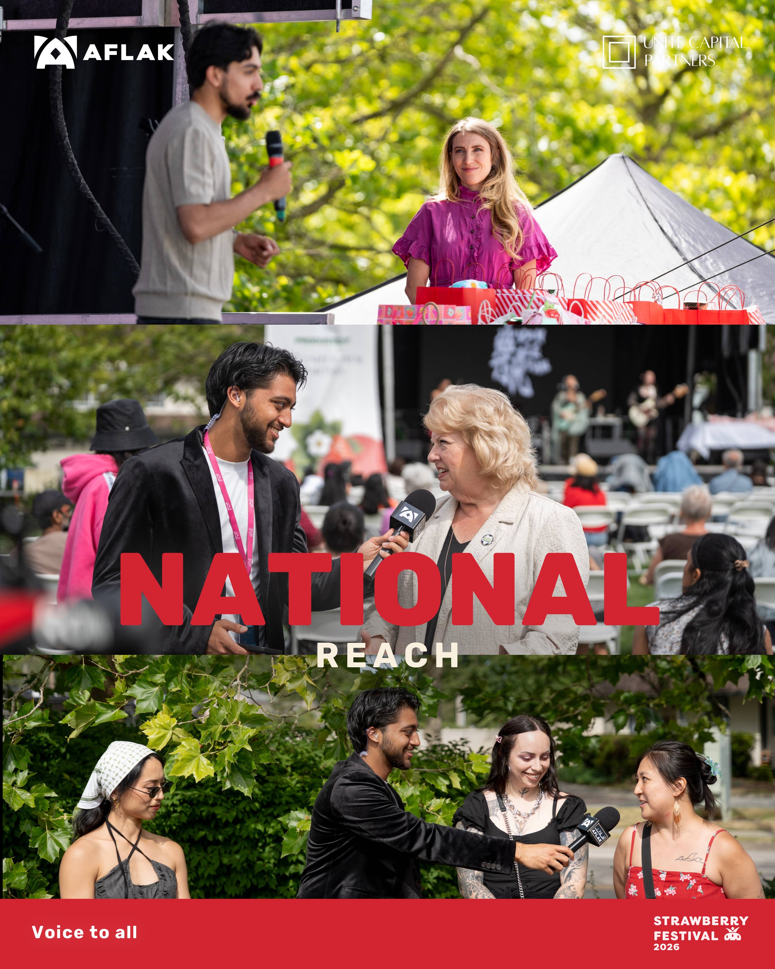 Photograph of a festival with people being interviewed and socializing outdoors under trees. There are banners and a stage, with one woman in a floral dress being interviewed by a man holding a microphone. The image includes text promoting the Strawberry Festival 2026, with phrases like 'Voice to all' and 'NATIONAL REACH'.