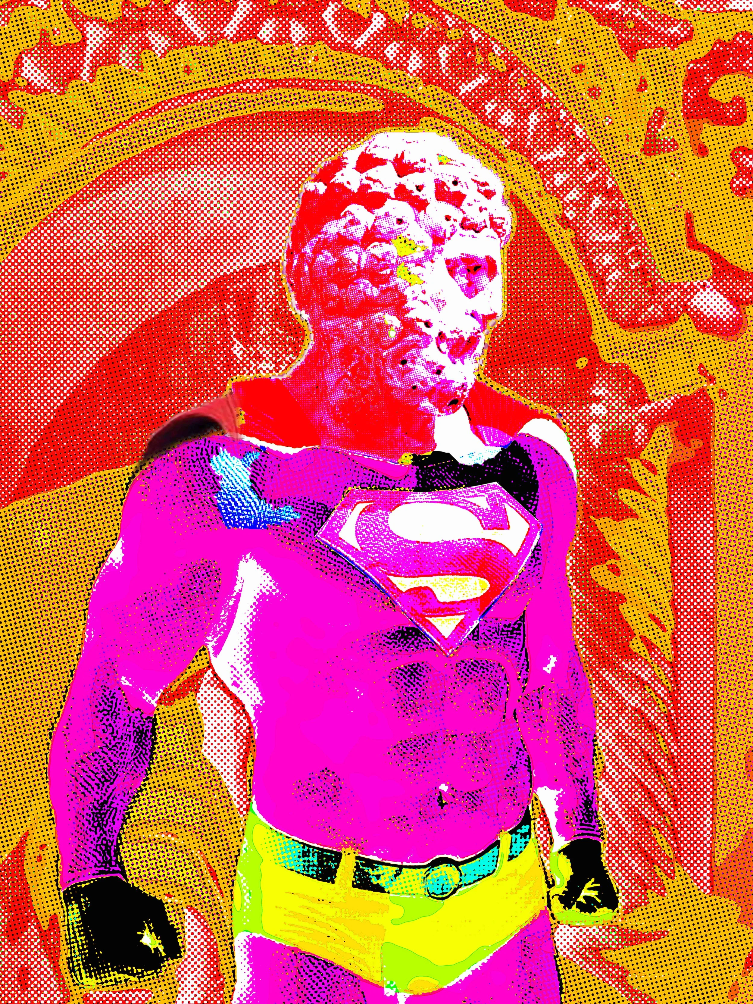 David Smouha, Pink & Orange Superman Warrior, 2026, sublimated dye print to aluminium, 90 x 70cm edition 1/1