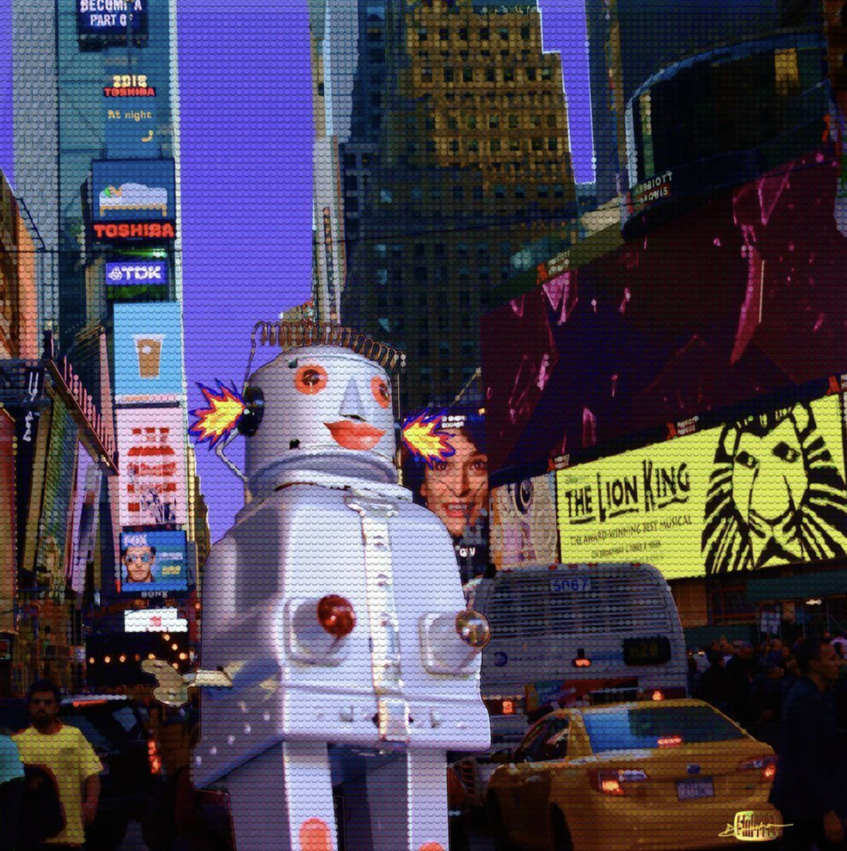 David Smouha Fembot Strolling through Times Square 2025, giclee print to cansen paper, edition 1/1 110 x 100cm framed