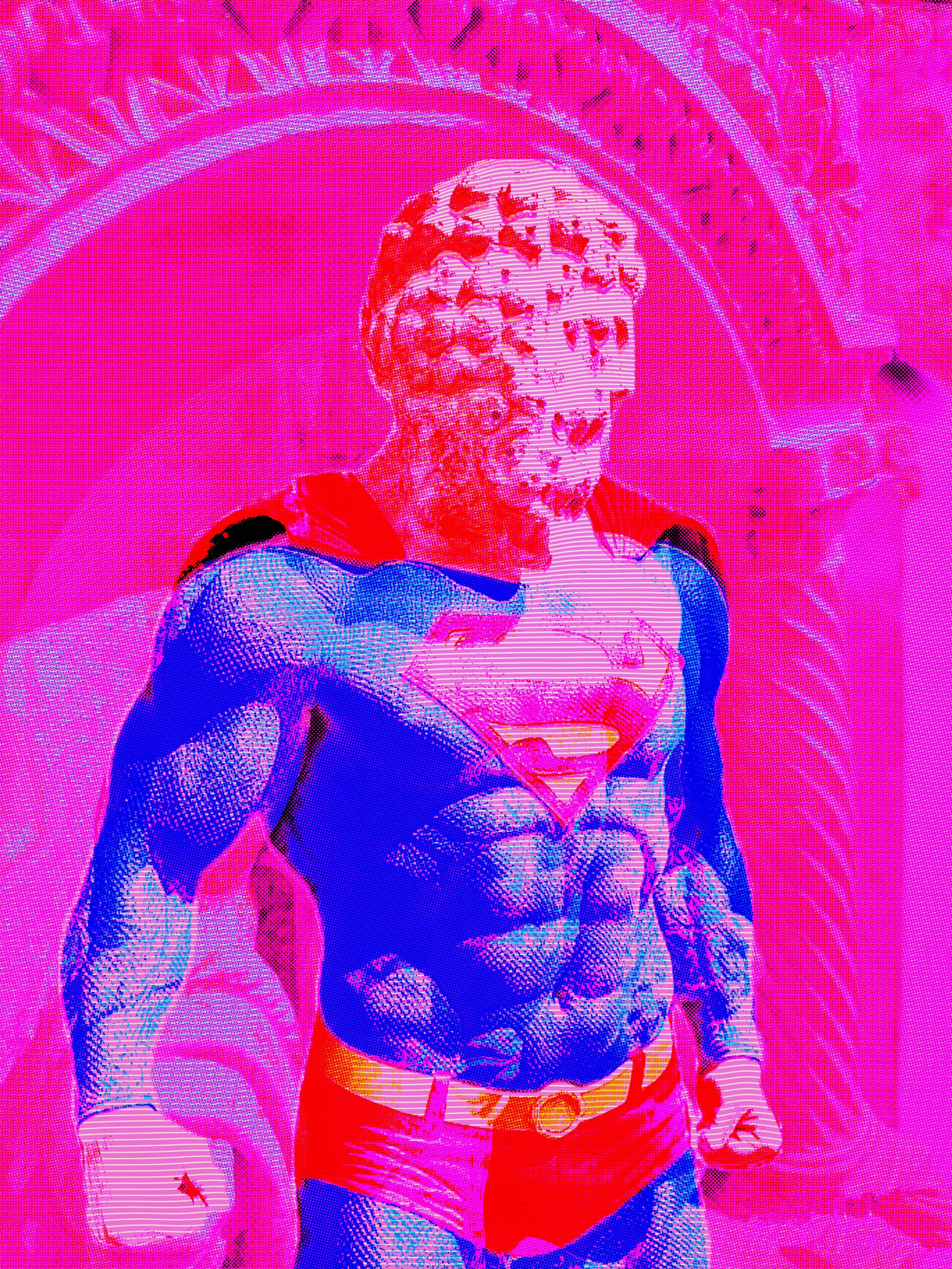 David Smouha, Hot Pink Superman Warrior, 2026, sublimated dye print to aluminium, 90 x 70cm edition 1/1