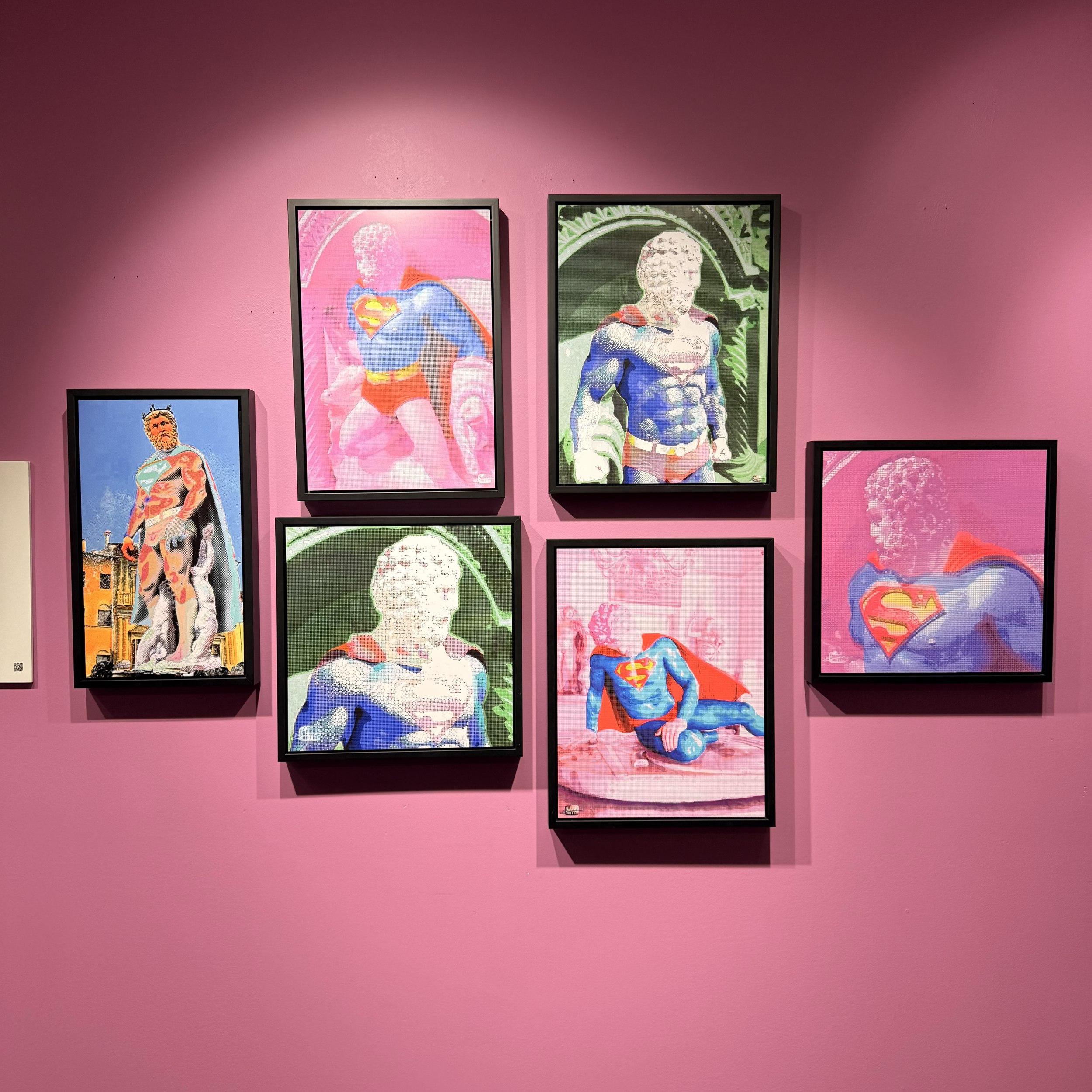 David Smouha, clockwise from left 

Firenze Neptune Super Maquette sublimation dye print on aluminium edition 1/1 37 x 21cm

Super Shorts Maquette sublimation dye print on aluminium edition 1/1 37 x 25cm 
Green Super Warrior Maquette I sublimation dy