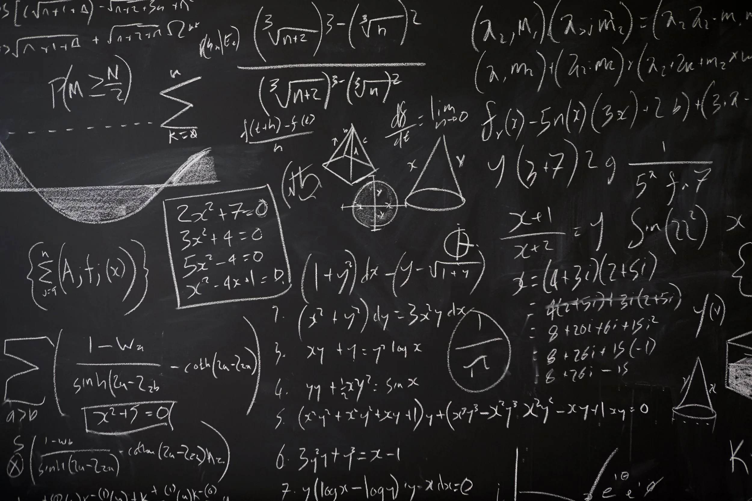A blackboard filled with complex mathematical formulas, equations, graphs, and geometric diagrams written in white chalk.