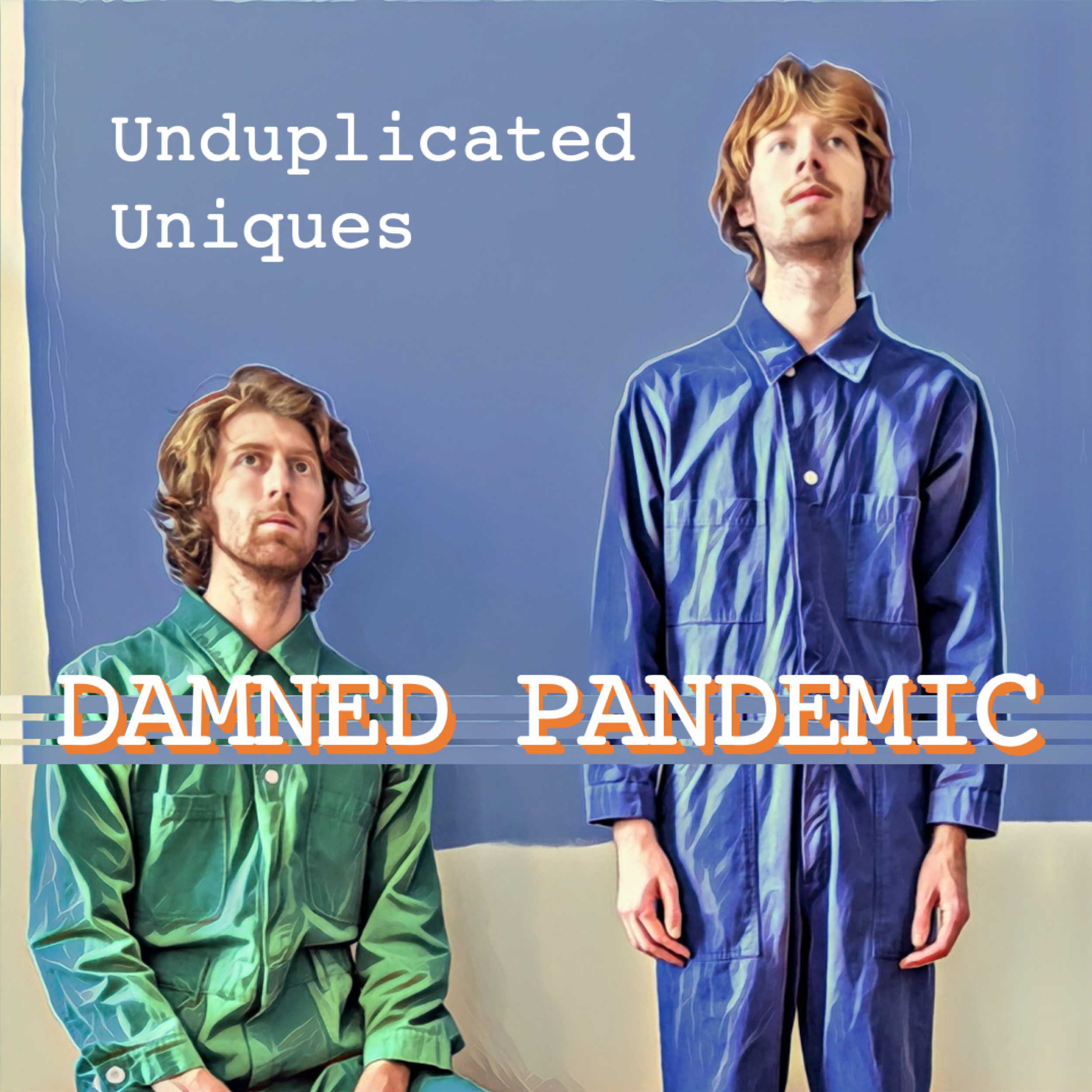 An album cover featuring two men, one in a green jumpsuit and the other in a blue jumpsuit, with the title 'Damed Pandemic' in orange text overlaying the bottom of the image.