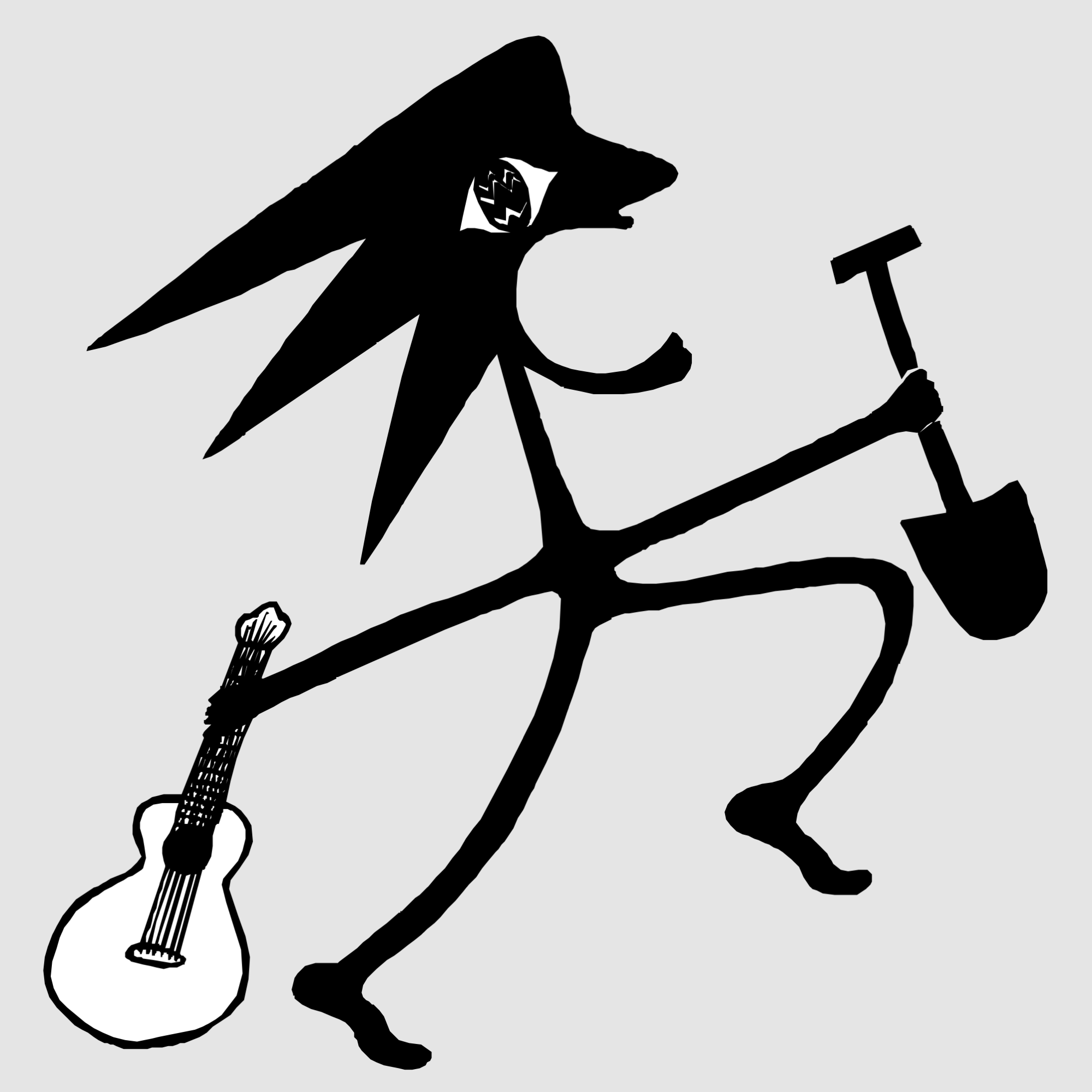 Black silhouette of a rampant, singing man screaming carrying a shovel and a guitar, set against a light gray background.