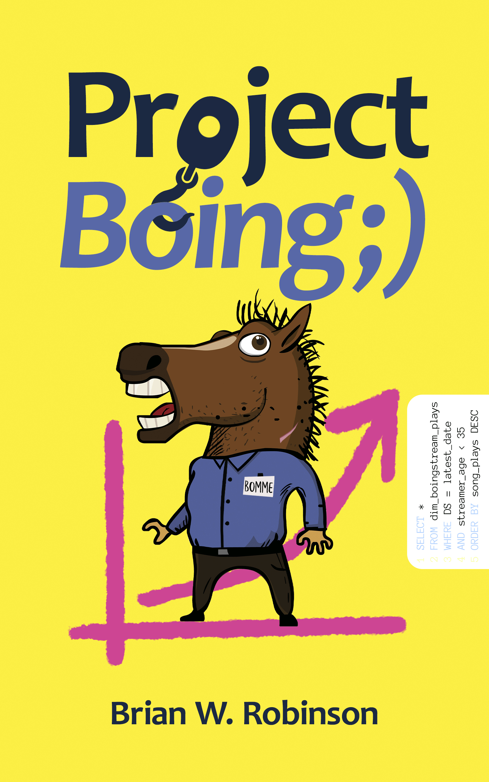 Book cover titled "Project Boing" by Brian W. Robinson, featuring a cartoon horse character with a human body, wearing a blue shirt with a name tag that says "Bomme," on a yellow background with pink markings and a large black arrow.