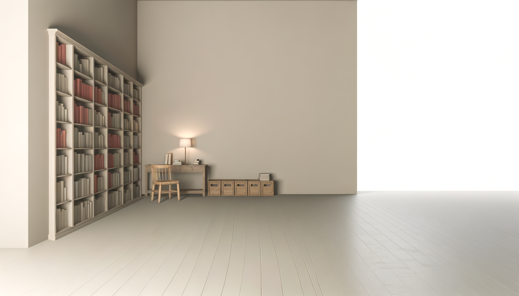 Quiet reading room with bookshelf, desk and chair repersenting audiobook narration.