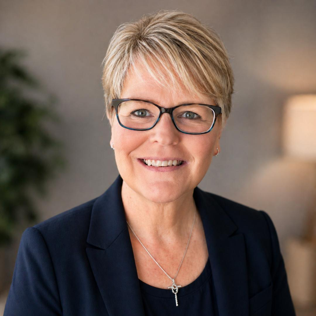 A mature woman with short blonde hair and glasses, smiling at the camera, wearing a dark blazer and a silver necklace with a key pendant, in a professional indoor setting.