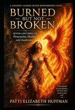Book cover titled 'Burned but Not Broken' by Patti Elizabeth Huffman, featuring a woman with fiery wings and a phoenix rising in flames in the background.