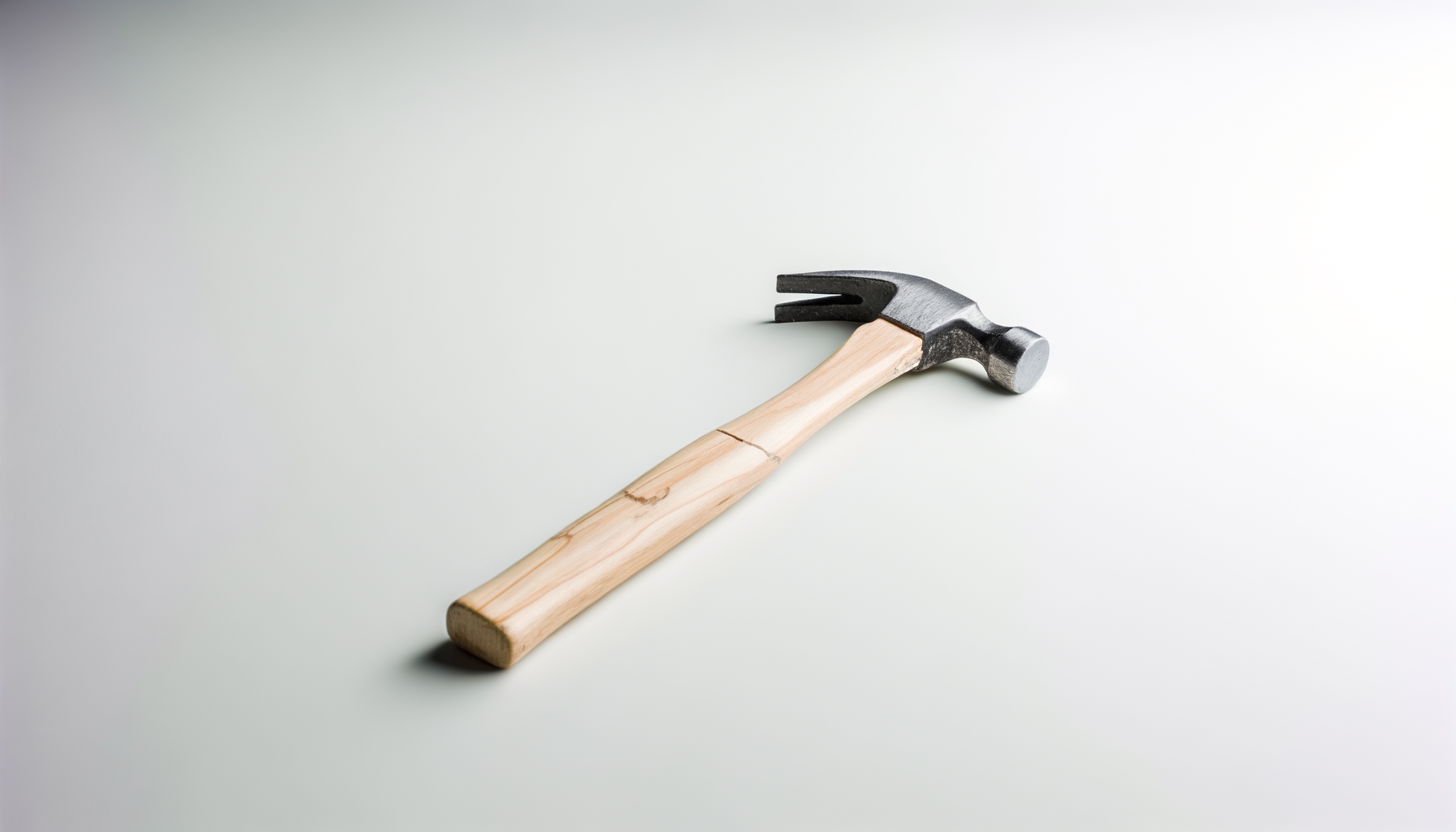 A hammer with a wooden handle and a metal head lying on a plain white surface.