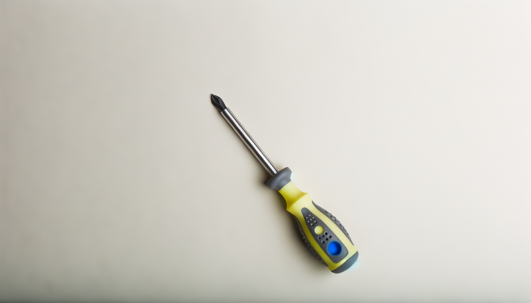 A flathead screwdriver with a black tip and a yellow and gray handle placed on a white surface.