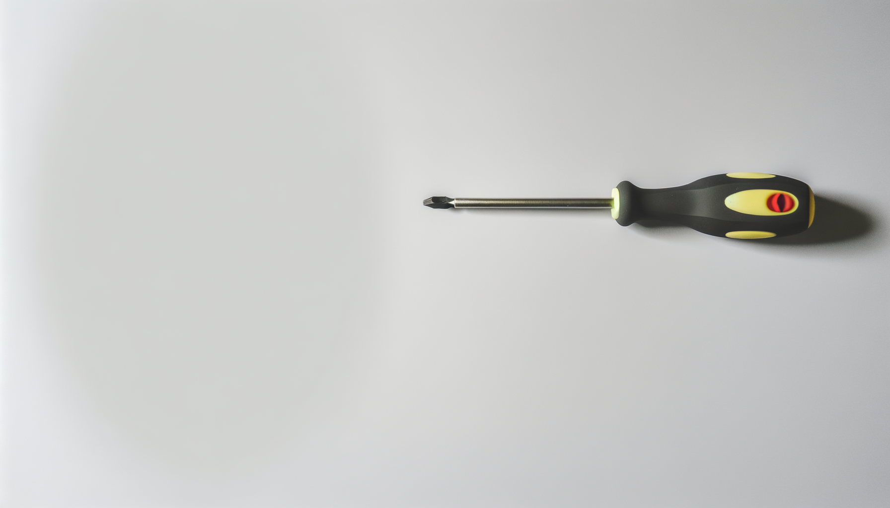 A flat-head screwdriver with a black, yellow, and red ergonomic handle on a plain white background.