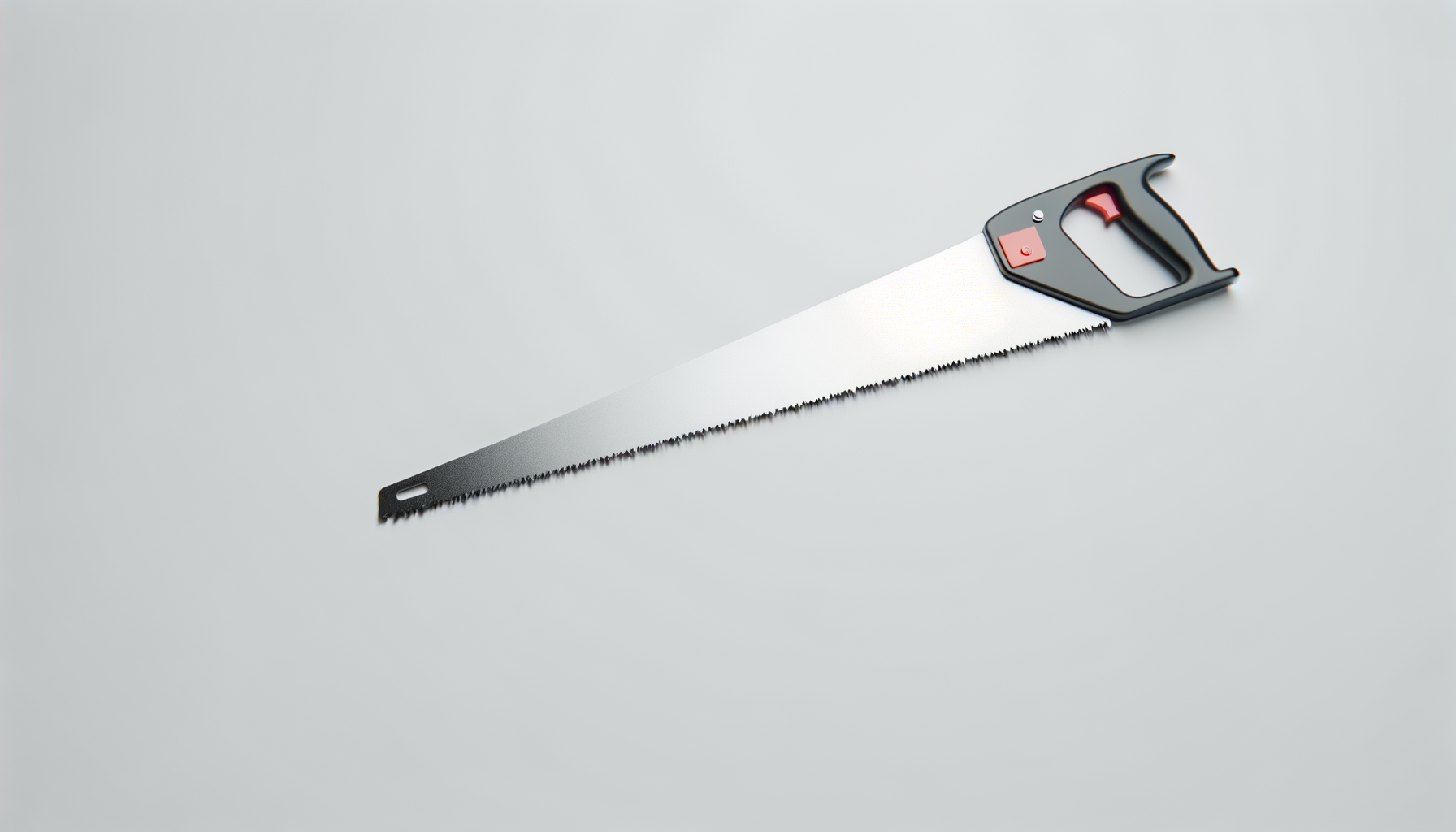 A hand saw with a black handle and a silver blade, resting on a white surface.